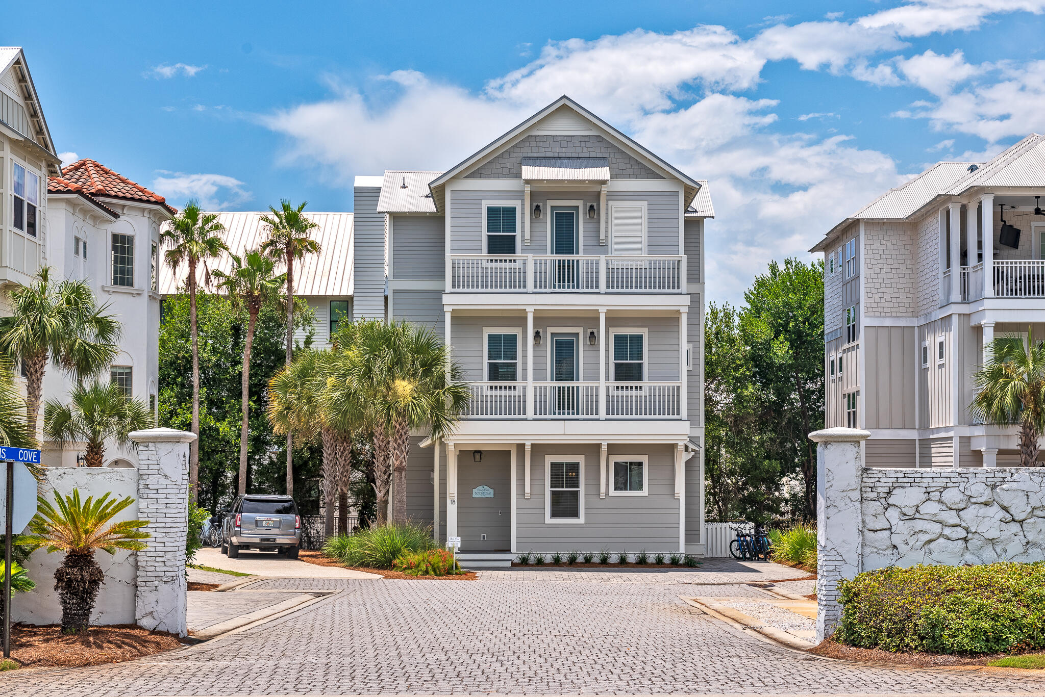 Located just east of Rosemary Beach and a short walk from the soft white sand, this fully furnished beach house was designed for outdoor living. Three floors of contemporary living space spill out onto 695 square feet of outdoor balconies on both the front and rear of the home. They provide an abundance. of outdoor space for gathering together over a barbecue or enjoying your own privacy and peace. This stylishly designed BetterBuilt home features high-quality construction including hardwood flooring, impact/hurricane-resistant windows and a durable metal roof. The open living room on the first floor is beautifully presented with wood-tile flooring, shiplap walls, muted decor and a cozy fireplace. The formal dining area is tucked away in its own semi-separate nook for entertaining. (more)