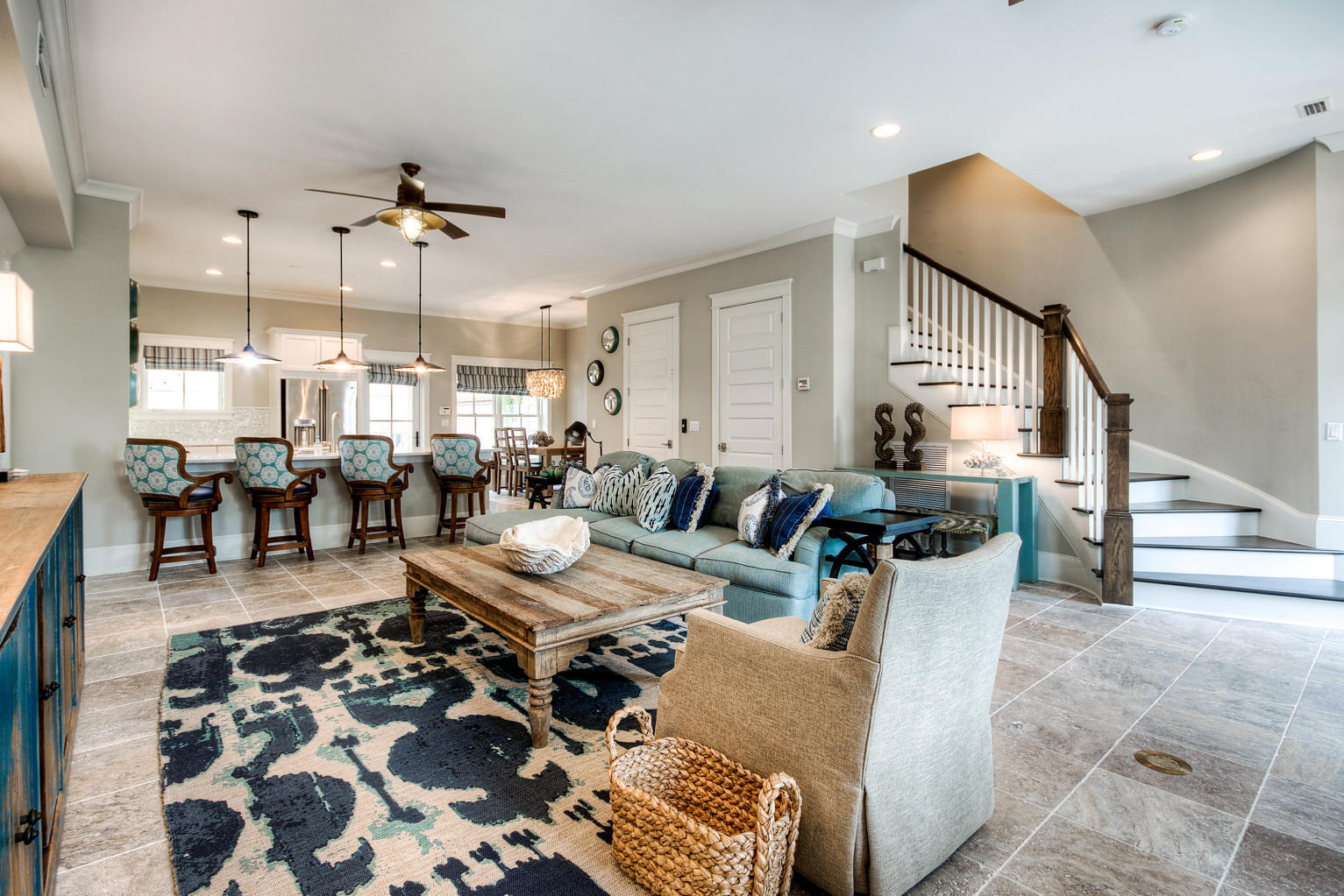 This furnished townhome is located on the southside of 30A. Built with Insulated Concrete Form construction the main residence is energy efficient & very quiet inside. The open & fluid living, dining & gourmet kitchen showcase the windows & natural light. An elevator services all three levels. On the second & third floors are both an additional bedroom & master suite. Each spacious bedroom includes its own ensuite bathroom & private porch. The private courtyard is the perfect spot to relax. Above the two car garage is an oversized carriage house with breakfast bar & full bathroom. Currently used as a media room it could easily transition to a bedroom. Other special features are travertine & wood floors, marble countertops, custom lighting & shiplap walls. Don't miss this opportunity!