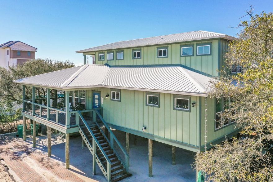 This adorable Florida beach cottage is located south of 30-A east near Alys Beach! Built in 2013, this fully furnished 2,800 sqft custom built home is a hidden jewel in the coveted Seacrest area and is only steps away from the deeded beach access. The beautiful emerald waters and white sandy beach is your back yard and play area! Built on pilings, the first level features an outdoor open covered area for parking and entertaining and has a large walk in shower and large storage area for bicycles, beach chairs, tools etc. The 2nd level features the main living area with open floor plan featuring beautiful hard wood floors, wood nickle gap walls, stainless appliances, walk in pantry, large breakfast island with gas stove and a farm style sink. This main living/kitchen/dining area