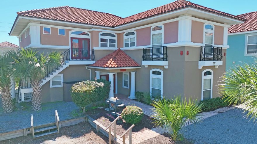 A truly one-of-a-kind opportunity, this stunning 4 bedroom/4 bath (den is set up for a 5th bedroom if needed) Mediterranean style home in the highly sought after private, gated community of La Valencia. Located just across the street from the Gulf of Mexico on the desirable west end of Panama City Beach, sitting on a large lot this masterfully designed property offers a luxurious lifestyle with exceptional resort style amenities that include a GULF FRONT pool with deeded beach access, fitness center, tennis court, heated pool and hot tub. Well designed home with attention to detail throughout offers high ceilings, crown molding, open concept kitchen with ample cabinets and counter space, first floor bedroom with private bathroom perfect for visiting guest or family. Lovely Master Bedroom with private balcony for the evening sunset views. The luxury master bathroom has a soaking spa tub and walk in tiled shower as well as double vanity. This hidden gem will check the boxes for the most discerning buyers. With low HOA fees, this property is perfect for vacation rentals, a private vacation home or full-time residence. Your favorite restaurants, shopping, and the endless entertainment and activity of Pier Park are merely minutes away. Located in close proximity to 30A, the tranquil beauty and all the commercial conveniences offered by this location make this escape a dream come true. This is one you must see. 