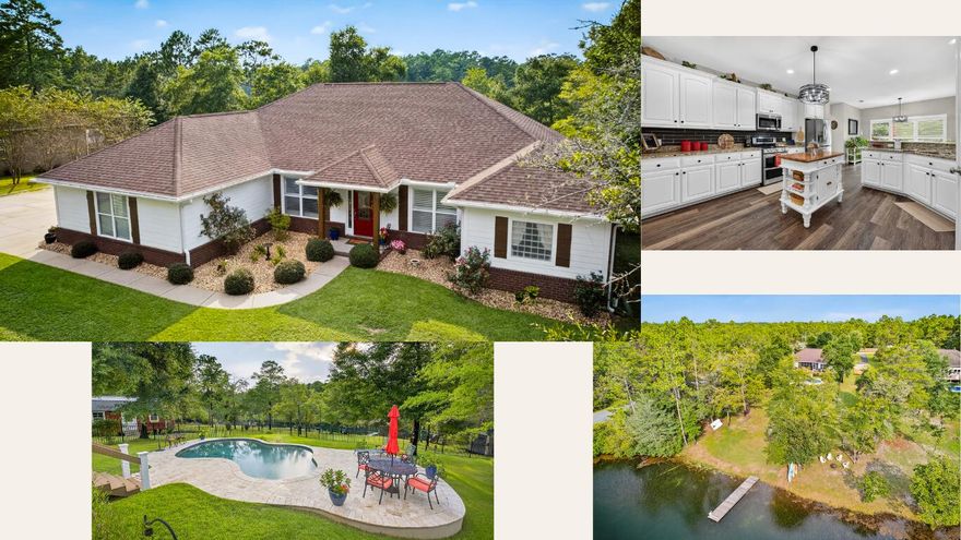 Lakefront Living on 1.20 Acres in NE Crestview!Discover tranquility in this beautifully updated 3BR + office, 2BA lakefront home featuring a heated Gunite pool with PebbleTech finish, private dock, and breathtaking lake views from nearly every room. Inside, enjoy new LVP flooring, plantation shutters, modern paint, and updated fixtures throughout. The spacious kitchen boasts granite countertops, stainless steel appliances (including a double oven stove!), breakfast bar, and a lakeview dining nook. The primary suite offers French doors to the back deck, dual walk-in closets, and a remodeled spa bath with a standalone tub, walk-in shower, dual vanities, and private water closet. Guest bedrooms feature new carpet and share an updated full bath. Multi-mood lights in the ceiling accent the Seller is including a new roof (2026)! 
Additional highlights include:
Shiplap feature wall with electric fireplace
Covered patio, long-lasting composite deck, and amazing cable railing for perfect pool and water views!
Custom shed, and expanded boat/RV parking pad
Zoysia sod, rock-lined flower beds & lake-fed sprinkler system
New Bosch HVAC, surge protector, cleaned air ducts
Built-ins & spacious laundry room
This home blends comfort, style, and peaceful waterfront livingjust minutes from town. Seller may include select furnishings with an acceptable offer! The master bathroom chandelier will be replaced.
2 Full Baths and a 1/2 bath, Perfect for guests and family living.