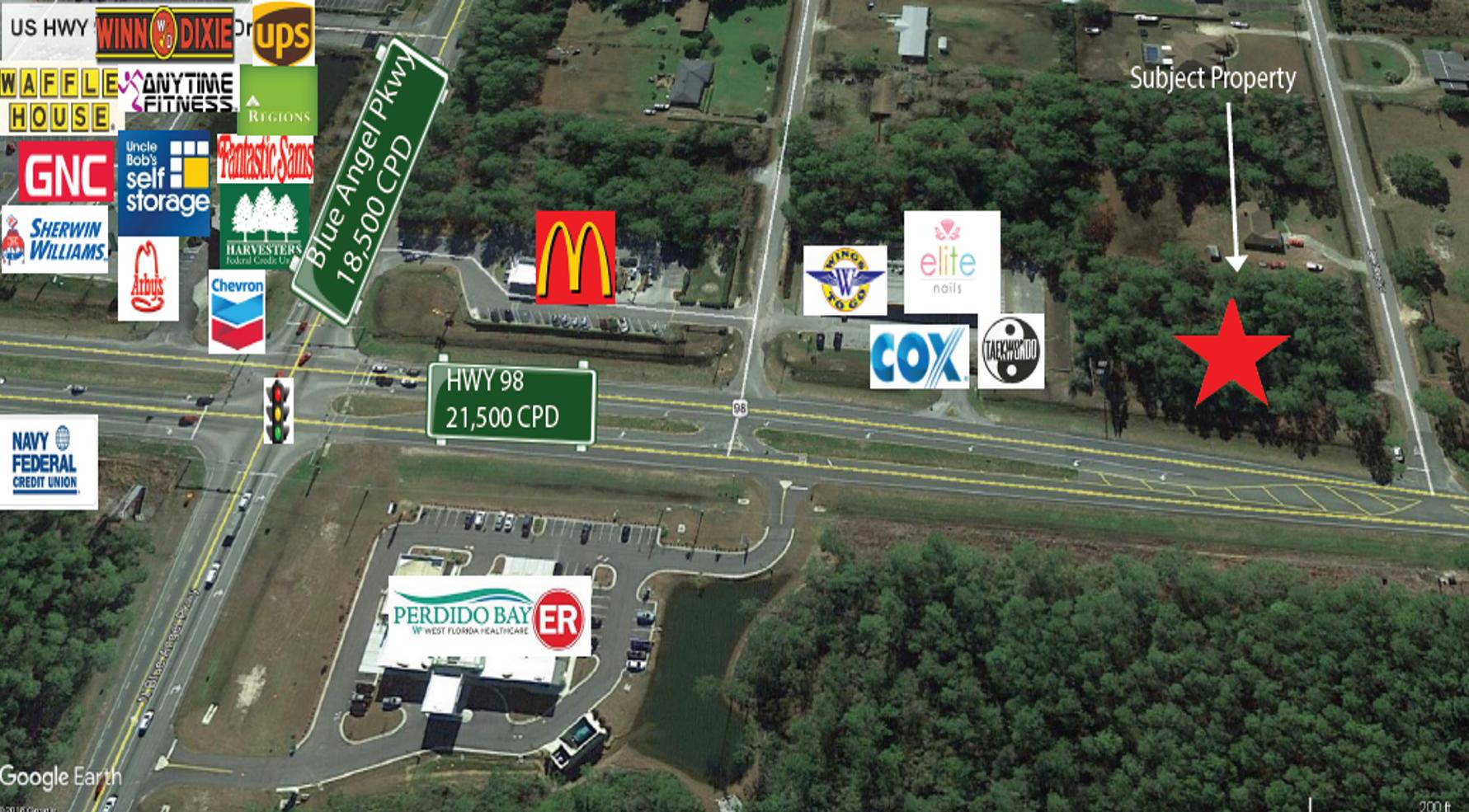 High visibility commercial parcel in the path of sustained growth. The parcel is adjacent to high performing strip center and directly across from newly built $10M West Florida Emergency Room Center. The newly built ER is expected to serve more than 150,000 residents of West Pensacola.The parcel is level with 0.93 Uplands. Hard Corner Positioned. Median Cut in Place. Just two blocks off of Blue Angel Pkwy.