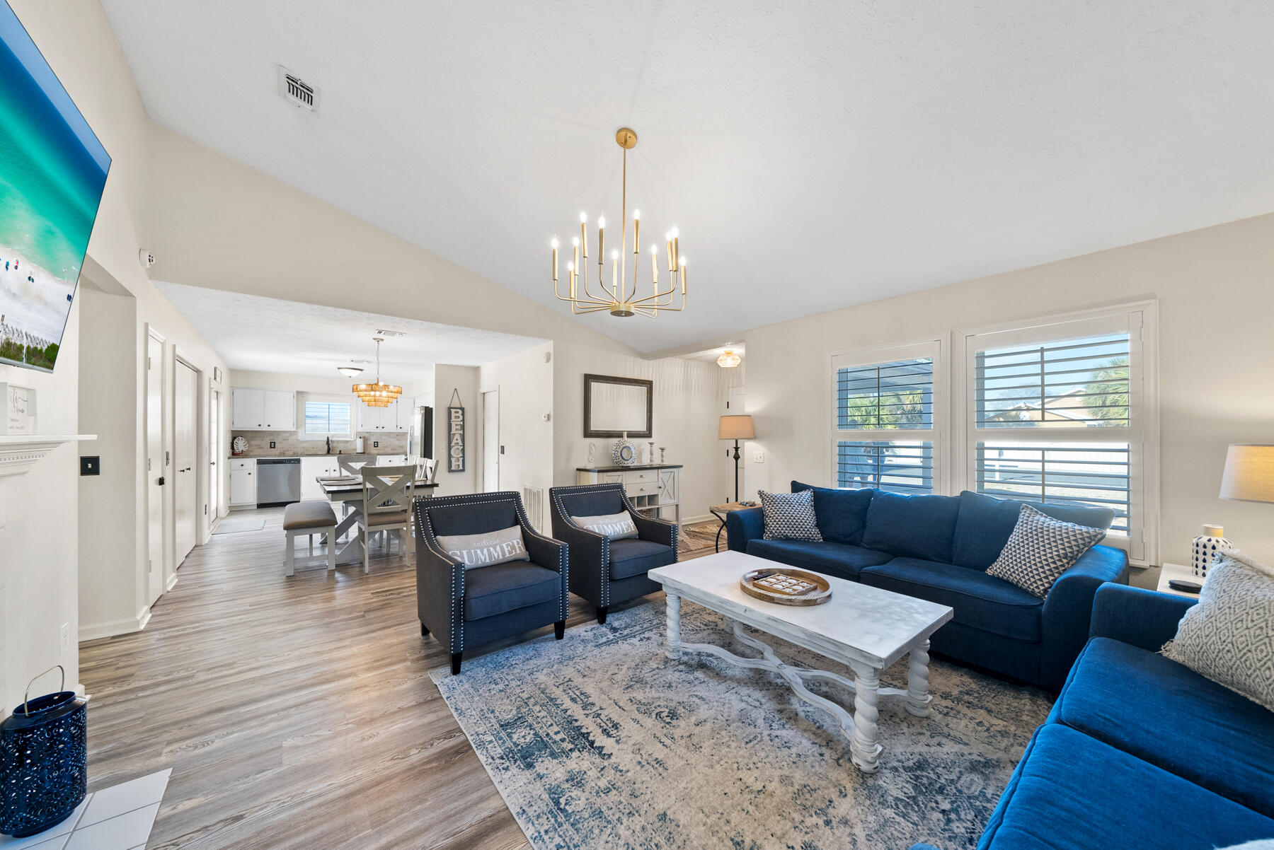 Welcome to a beautifully-renovated, single-level, beach house located in the highly sought-after, fast-growing East end of Panama City Beach, Florida. This charming property offers 1,287 square feet of thoughtfully designed living space, featuring three bedrooms, two bathrooms, two-car garage. This homes exterior has just been painted and fits perfectly in this coastal beach town. The recent renovation also include impact windows, LVP flooring throughout as well as tiled showers and upgraded bath vanities!With NO HOA, this property is an amazing investment opportunity for short term rentals! Fully furnished, rental ready - you can make money on day 1 with this beach home. Not looking for an investment? This home would be perfect for an affordable home at the beach for the family. And being just steps away from the sand, you won't find a better location for this price!
As you step inside, you will be greeted by an open concept layout that seamlessly integrates the living, dining, and kitchen areas. The vaulted ceilings and stunning chandelier enhance the sense of space, while the abundant natural light creates a warm and inviting atmosphere. The kitchen is equipped with modern appliances and ample counter space, making it perfect for both everyday living and entertaining. Enjoy the seamless blend of outdoor living with French doors off the kitchen that access the covered patio. A grilling station is just off the patio and you'll love that you can make this backyard your own. With a blank canvas, this yard is waiting for a pool, putting green and would stun with a fire pit! The possibilities are endless.
The bedrooms are designed with comfort in mind, with one room featuring bunk beds that are ideal for accommodating guests or family members. The renovated bathrooms offer a luxurious touch and are designed for both style and functionality. The primary suite is at the back of the home and features a large window, double closets and a renovated bath with tiled shower and modern vanity. The two guest rooms are accessible off the hallway and share a bath with tons of natural light coming from the skylight as well as a tiled surround with tub and modern vanity.
One of the incredible features of this property is its prime location. Just two blocks from the beach, you are mere steps away from the turquoise waters and white sandy beaches that make Panama City Beach a premier destination. Additionally, the property is within a short proximity to local coffee shops and a variety of retail stores, providing the convenience of urban amenities in a coastal setting. And the famous Schooners is just down the road where locals enjoy frozen cocktails, fresh seafood and the best sunsets year round. A public boat ramp is also a few roads over making this a great location to bring the boat for the weekend and get access to the Bay and Gulf for fishing or relaxing at Shell Island. With NO HOA, you're going to love having the freedom of your boat at your home!
The exterior of the home has recently been painted and is a stunning soft white color making it the perfect color palette for a cozy beach house! The outdoor area offers ample space with room for a pool, allowing you to create your own private oasis. The two-car garage is perfect for holding a golf cart, which is great at the beach, or all the beach toys that your guests can use as a convenience at a vacation rental!
This property is not just a home; it is a lifestyle. Whether you are looking for a permanent residence, a vacation home, or an investment property, 6201 Sunset Avenue offers unparalleled opportunities. This is your opportunity to own a piece of paradise in one of Florida's most desirable locations.
*Pool shown is a virtual rendering. Pool is not included in the sale of the home, but shown simply to visualize the backyard area with a pool.