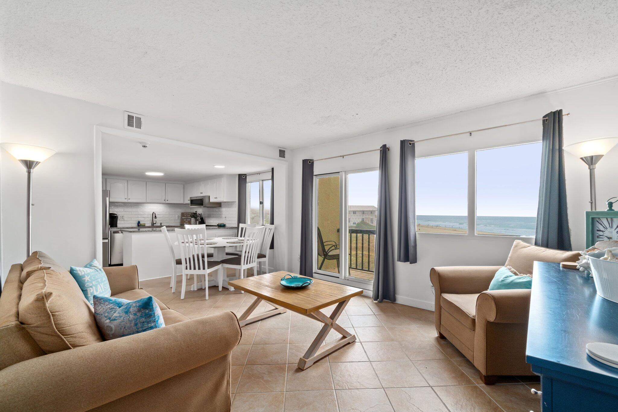 This newly updated townhouse style condo is located in the highly desirable Pinnacle port, a family-oriented resort tucked away from it all but still close to all the action, if desired. Featuring, direct gulf views off the dining and living room areas. Sit on the balcony off the living room and listen to the waves. The kitchen was renovated in 2021 and features all new appliances, including a full-sized refrigerator and granite counter tops. A half bath with a full sized washer and dryer. Upstairs you'll find a guest bedroom with direct gulf front views. There is a queen bed as well as twin bunks, sleeping a total of 4. The second bedroom has a king bed and en-suite. The balcony off the second bedroom has views of Lake Powell and the bridge leading into Inlet Beach, Rosemary and Alys