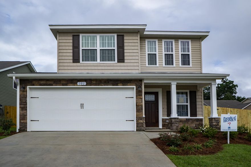 Award winning subdivision. This 3-bedroom, 2.5-baths, cottage style, two story home has a spacious open downstairs floor plan. Kitchen is complete with breakfast bar, pantry, stainless steel appliances all over-looking the Dining area. French doors off the Family room leads you to the privacy-fenced back yard with patio. Upstairs offers a Full Bathroom, Utility room and three spacious bedrooms. The Master suite includes dual vanities, a large walk-in closet, separate shower and garden tub. Decorative Columns, cedar shake vinyl siding and stone exterior accent the exterior of the home. Fully landscaped yard with sod in front back and sides. Actual colors may vary. Pictures are from a previously built home. This home is a Parade of Homes entry.