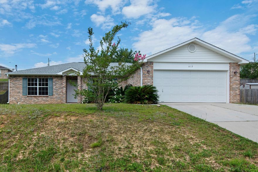 VA Compromise Short Sale. Preapproved Bank Price. This Countryview Estates home shines! Newly painted, newly carpeted, pressure-washed and ready for you, it features a living room with angled fireplace, plant ledge and cathedral ceiling for an open feeling. Kitchen has center isle and is open to light-bathing window in breakfast area. Open dining makes this home feel large and relaxing. Master suite is very private from secondary bedrooms. See nature across the street with a shady treed buffer. Brand new roof, brand new air conditioner, new carpeting, newly painted! Your commute will be a breeze to Eglin Air Force Base and the Destin beaches via new bypass to Mid-Bay Bridge! ***Note:; this is a hill lot and priced at a discount!***