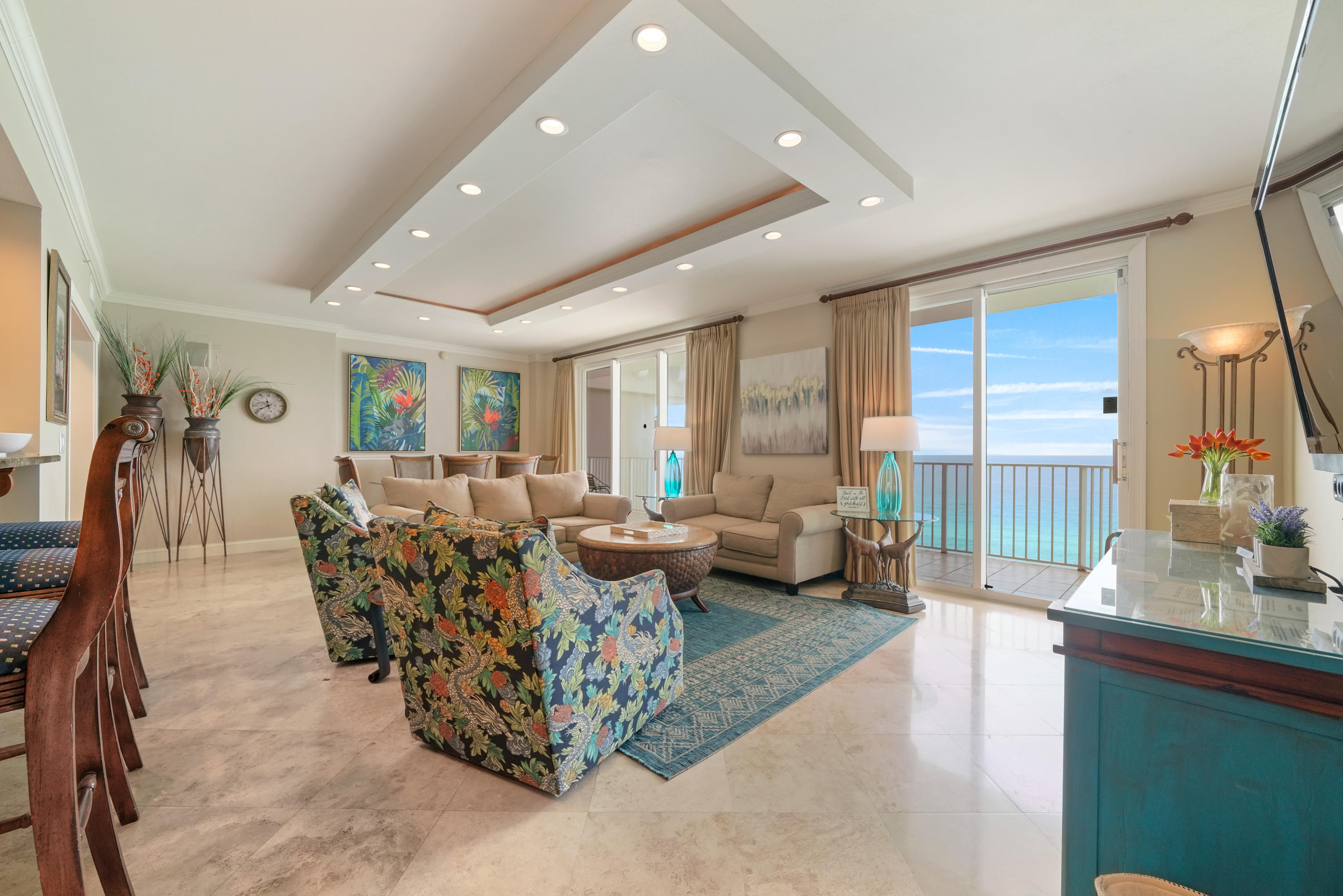 Beautiful penthouse on Miramar Beach with spectacular views of The Gulf of Mexico from your living/kitchen area, master bedroom and oversized balcony. Recent upgrades to include: energy efficient LED recessed lighting, new paint and updated furniture. Travertine floors throughout all living areas, granite countertops and stainless appliances in the kitchen. Master bathroom has a separate shower and jacuzzi tub. Three bedrooms plus a bunk room make this an ideal rental or family retreat!