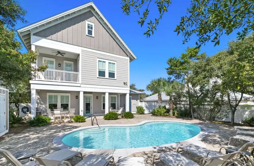 Presenting an exceptional opportunity to own a luxury coastal asset in one of Inlet Beach's most sought-after locations--walking distance to deeded beach access with no HOA,  a rare and valuable combination for both private ownership and high-performing rentals.This 5-bedroom, 5.5-bath residence is thoughtfully designed to maximize guest capacity, lifestyle flexibility and offering gulf views. The third-floor entertainment level serves as a standout feature, offering a custom bunk room, full bath plus half bath, and an expansive lounge that seamlessly functions as a game area and wet bar--ideal for hosting, multigenerational use, and enhancing rental appeal.Multiple bedroom suites provide privacy and comfort, supporting strong nightly rental demand, while open living spaces create a resort-style experience guests seek along 30A. 
Immediately enjoy the open concept feel as you enter this home with the spacious kitchen adjoining to the living and dining area. 
Notable features include a gas fireplace, heated pool, 1-car garage, private elevator, and outdoor shower area. 
Solar panels add long-term value through reduced operating costs, further strengthening the property's investment profile. 
Located minutes from 30A's premier dining, shopping, and beach experiences, this home delivers a compelling blend of luxury living, income potential, and appreciation-driven ownership. Just a 3-minute walk or 1-minute bike ride to neighborhood deeded beach access, you won't find a more desirable property. Whether positioned as a private coastal retreat or a premium short-term rental, this home stands as a rare Inlet Beach offering with enduring value and exceptional marketability.