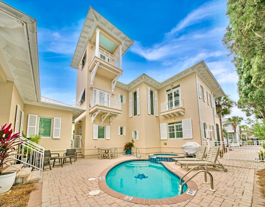 This is IT -- the beach house of your dreams, just STEPS to the sand! One house away and across the street from the direct beach access. A 4/3.5 Carillon Beach beach house with private pool/hot tub and guest house.  If you want Carillon Beach at a reasonable price, this is your chance.  This home is also under management as a vacation rental with 2022 gross nightly revenue of $134,980 and booking revenue for 2023 thus far of $127,120.  This gem has been lovingly cared for and recently painted/upgraded.  The home is being sold as-is, fully furnished.  Carillon boasts 3900 linear ft. of pristine, just re-nourished, never-crowded sugary sand beach.  Carillon Beach is a private, exclusive, gated community offering 3 community pools (two heated year-round, tennis court, pickle ball courts,