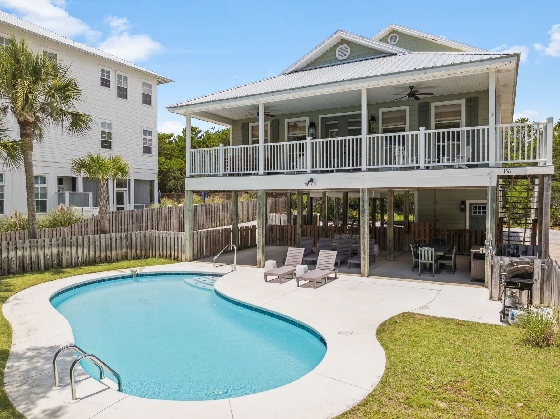 Gulf Trace is a highly sought-after, established community on the south side of 30A, known for its spacious lots. A beautifully renovated home features four spacious bedrooms, including added bunk beds to comfortably accommodate additional guests. Thoughtfully designed by one of the owners--an interior designer--it offers a warm and welcoming retreat after a day on the white sand and emerald waters. The open concept living, dining, and kitchen area is enhanced by a vaulted wood ceiling, creating a cozy, coastal ambiance, while the large private pool adds the perfect touch for relaxation and fun The first level includes a functional mudroom and laundry area--perfect for storing beach gear or day-to-day essentials. Easy Parking for 5 vehicles Upstairs on the second level, the main living area impresses with vaulted ceilings, abundant natural light, and a calming palette of soft greens. The spacious kitchen and dining area are well-suited for hosting, with seating for ten and additional space at the peninsula. A large balcony off the living room offers views of the pool and cool coastal breezes. The home offers four well-appointed bedrooms across the second and third floors, each with its own en-suite bathroom, creating an ideal layout for families or guests. Whether you're looking for a primary residence, second home, or investment property, this home combines thoughtful design, quality finishes, and an exceptional location in one of 30A's most beloved beach communities."
