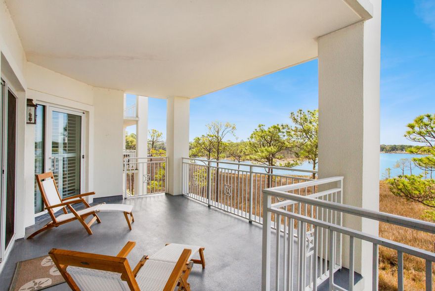 Welcome to your waterfront oasis with stunning western views across Horseshoe Bayou and the Choctawhatchee Bay. Relax on the large, covered balcony while watching spectacular sunsets or the yachts docking at the Sandestin Marina. This 4th floor resort condo has been updated with LVP flooring in the bedrooms and fresh, neutral white paint throughout. Every bedroom offers egress to a balcony as well as access to a bathroom. The remodeled, modern kitchen has ample storage on upper and lower cabinets, stainless steel appliances, granite countertops that seamlessly carry though to the backsplash, and a long breakfast bar that opens to the living/dining combo. Anchorage is a bayfront, gated, short term rental restricted luxury condo with a private community pool.