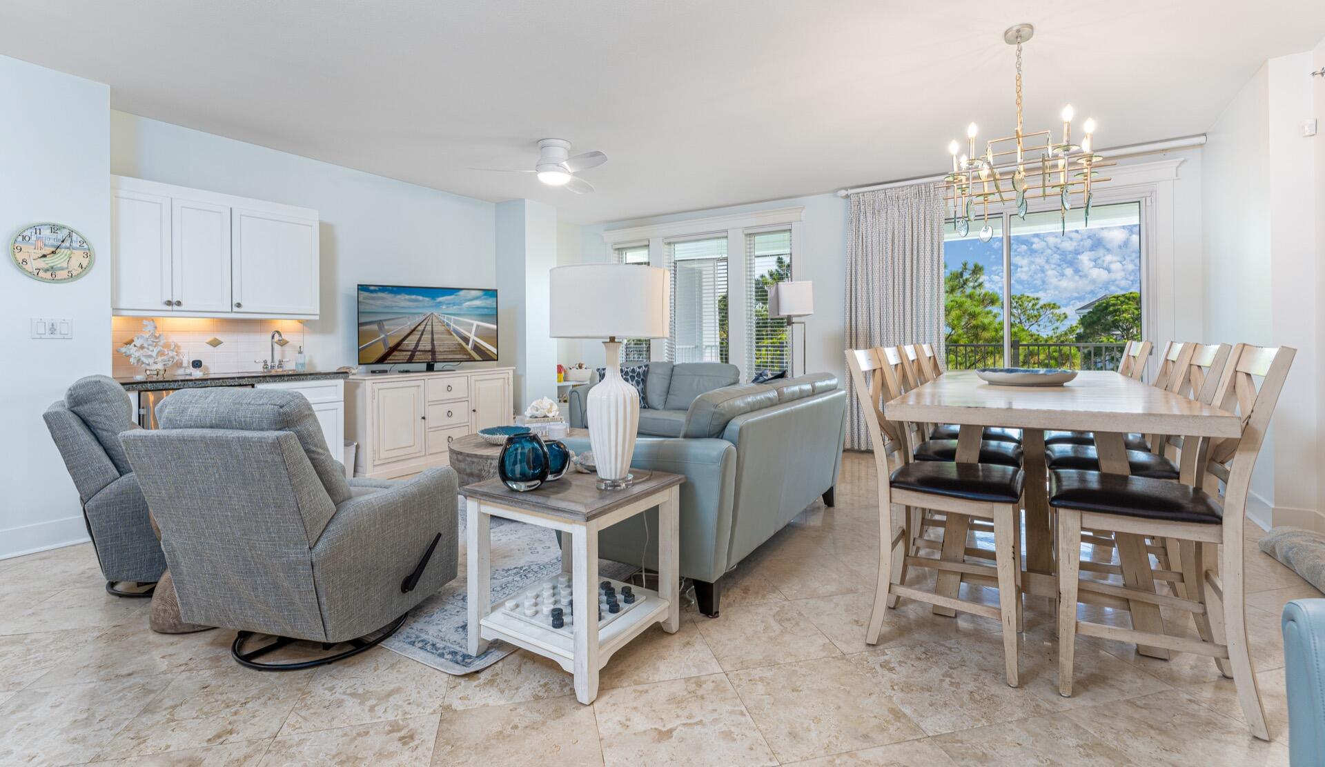 ENJOY BAY VIEWS FROM THIS VERY PRIVATE TOP FLOOR END UNIT LARGEST FLOOR PLAN  3 BEDROOM 3 BATH CONDO AT LASATA IN THE VILLAGE OF BAYTOWNE WHARF AT SANDESTIN GOLF & BEACH RESORT. Beautiful Evening Sunsets from the Large Balcony. Condo has Recently been Updated with New Furniture, Paint, Drapes, Chic Lighting and New Carpet in the Bedrooms. Condo has 2 Private Master Suites with King Size Beds, En Suites with Double Vanities, Separate Tub and Shower.. Open Floor Plan with Lots of Windows. Kitchen has Granite Countertops, Stainless Steel Appliances and Separate Bar Area. New Washer & Dryer 2021 and New HVAC in 2019. SOLD Furnished with a FEW Exclusions. Owners do NOT Rent but Condo has GREAT RENTAL POTENTIAL.