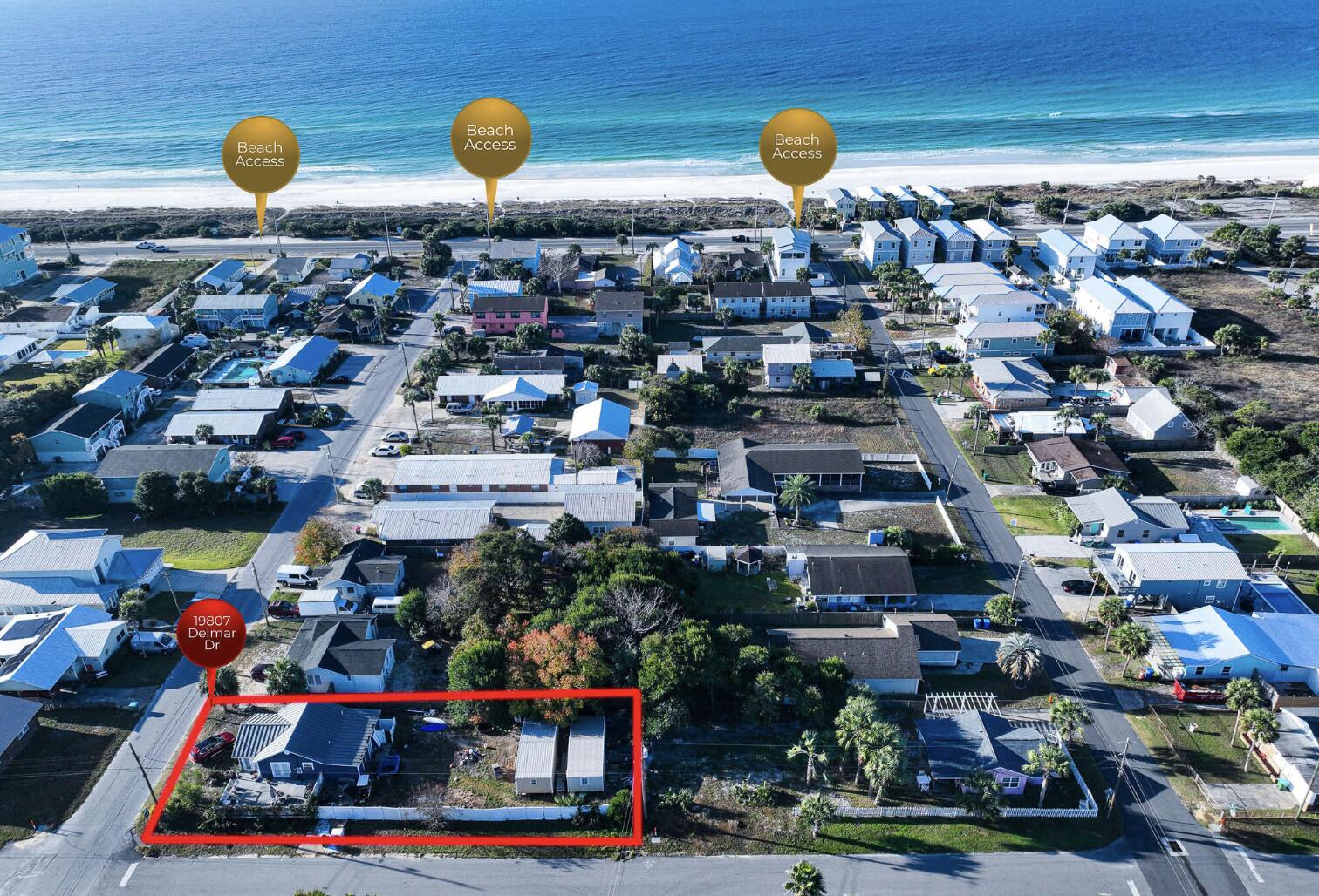 Just 1 block off the beach this 7500 SF corner lot will fit 2 single family homes, 1 address on Casa, 1 on Delmar. This double lot offers a plethora of opportunity. Listed in the sought after Laguna Beach neighborhood, it offers close proximity to Thomas Donuts & the Carousel. Residents with just a quick walk, can enjoy unparalleled views to take in the emerald coast/enjoy stunning sunsets. Property is being sold ''as is'' for LOT VALUE only. Survey available.Sewer is directly across the street on Delmar and is forced main. No HOA in Laguna Beach, STR allowed.