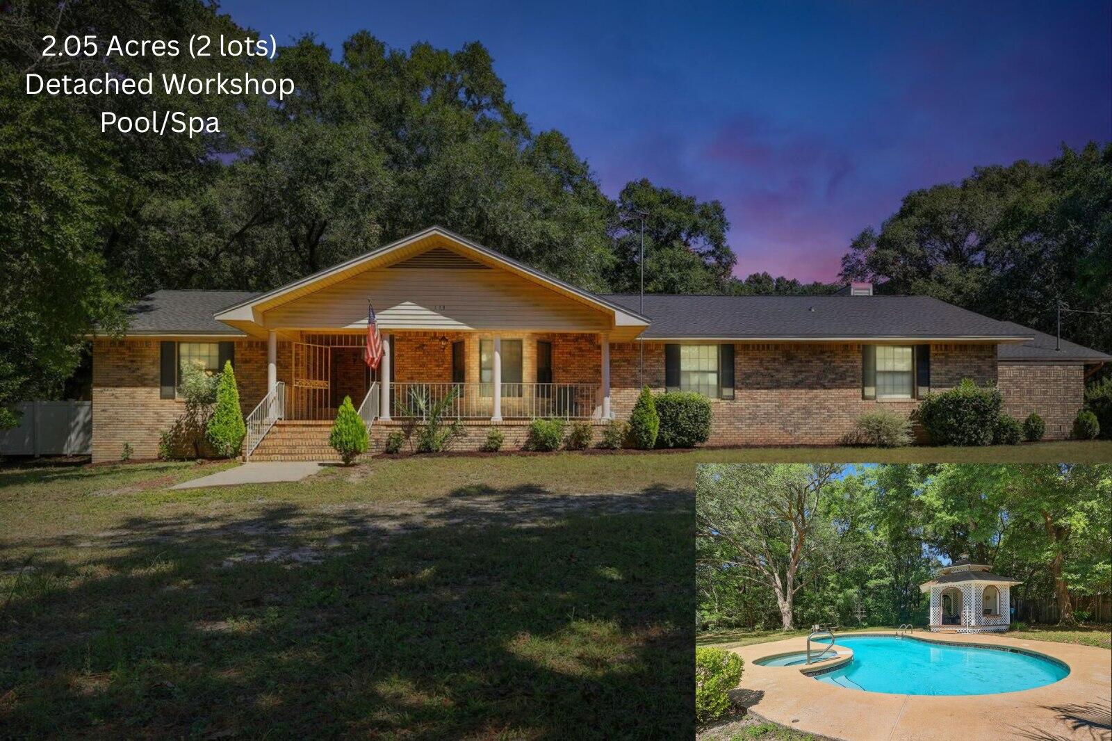 When space and privacy is what you want, this is the property you need to see! Located on two lots totaling over 2 acres, this home is ready for someone to make it the grand residence it was in years past. 3 very large bedrooms. Master bedroom has huge ensuite with separate shower and tub. Two separated vanities. Walk in closet as well as two other closets plus linen. It also has the sweetest private patio off the master to enjoy morning coffee or afternoon cocktails. The kitchen is very spacious and functional. Two separate living spaces, one boasting a huge beautiful fire place for the family to gather around during the holidays. There is a huge Florida room overlooking the pool and spa. The outdoor gazebo needs some love but it offers a half bath for the pool attendees and shelter... from the sun. It would make a great place for an outdoor kitchen.
There is a separate 24x35 ft garage with a loft. Cleared fenced in space great for pets or a friendly sports game.
The roof is 2024. HVAC is 2014 according to the stickers. There is a propane tank for the pool/spa heater. Pool needs to be resurfaced but Sellers just installed new pool pump, new salt cell and salt generator.