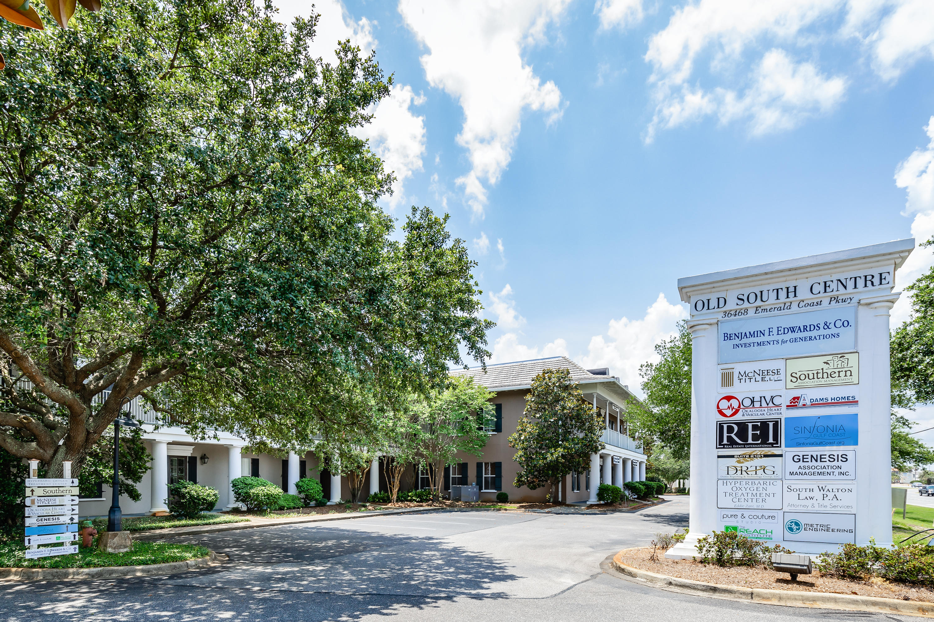 Prime Destin location.Situated on 4.5 acres with 300' on Emerald Coast Parkway. Old South Centre is comprised of 8 one and two-story buildings with 19 offices ranging from 1,000-5,508 square feet. Beautifully designed and easily accessible, this collection of CLASS A office space attracts high quality tenants and commands the highest rents. Currently, Old South Centre is leased, providing stable income with limited near-term rollover risk. The community perfectly combines great visibility with parking and convenience. Situated in Okaloosa County near the Walton County line, Old South Centre is strategically placed on Highway 98 within minutes of the area's most sought-after resources and attractions.