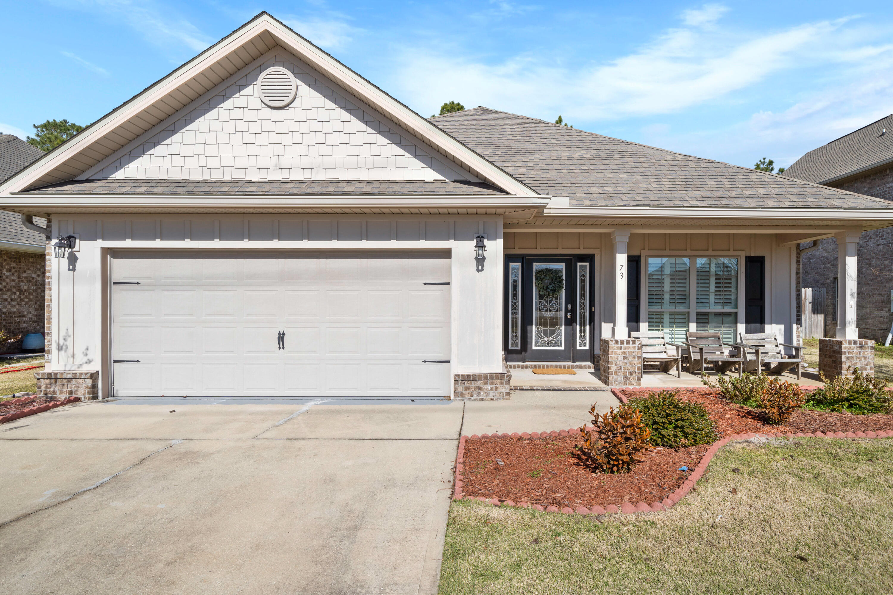 Experience life on the Emerald Coast in this single-level home in the popular Whispering Lake subdivision. This 3 bedroom + bonus room has a large fenced-in yard and is move in ready. The renovated master en suite has a new free-standing tub, tiled shower with glass door, and tile floor. Additional upgrades include LVP in bedrooms, plantation shutters, freshly painted walls and kitchen cabinets, new irrigation pump, and sod. Whispering Lake has no short term rentals and is conveniently located minutes from 30A beaches, Topsail Hill Preserve State Park, shopping, schools, golf, restaurants, Sacred Heart Hospital, and more! Enjoy Florida living on the screened-in back porch, grill out in the large backyard, or fish in the community's private lake. There is truly something for everyone! The large kitchen has an island with cabinetry for additional storage, stainless steel appliances, recessed lighting, and granite countertops. The bonus room is just off the entry and makes the perfect office, playroom, gym, or additional living space. Additional features include dedicated laundry room with washer and dryer, brick paver patio, privacy fence, and two-car garage. Schedule a showing today! Buyer to verify all pertinent information in listing.