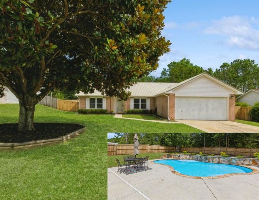 SOUTH CRESTVIEW HOME WITH HEATED GUNITE POOL! This gorgeously updated and spacious 3 bedroom 2 bathroom offers an open concept and split floor plan that buyers have come to expect. As you step into the home you are greeted by the spacious living room complete with vaulted ceilings, laminate wood flooring, ceiling fan, and French door with blinds in the glass that lead you to the pool and back yard. Just off the living room you is a large formal dining room that can also serve as a separate living space or an office. The newly renovated kitchen has granite counter tops, island, pantry, refaced cabinets, tile backsplash, SS appliances, and additional dining area. The master bedroom has new stamped carpet and offers a renovated master bathroom with double vanities, his and hers closets, separate tiled shower with glass door, linen closet and water closet. On the opposite side of the home, you will find two additional spacious bedrooms with an additional updated bathroom for guests. The home also offers an indoor laundry room that leads to the 2 car garage with auto open and pull down stairs. The exterior of the home has NEW Pella windows, METAL ROOF and offers both a generously sized front and back yard. Perhaps saving the BEST FOR LAST, the large backyard boasts a stunning heated Gunite multiple depth pool with sun ledge. Enjoy the extra large pool patio for entertaining your guests as well as a separate outdoor entertainment space and firepit area. The home sits on an oversized 0.34 acre lot and is located on the highly desirable SOUTH side of Crestview, convenient to schools, shopping, work commute and the beautiful emerald coast beaches. SMOKE FREE AND PET FREE HOME! Pool homes do not last long in this market, so don't miss out on your opportunity to make this beautiful home yours today!