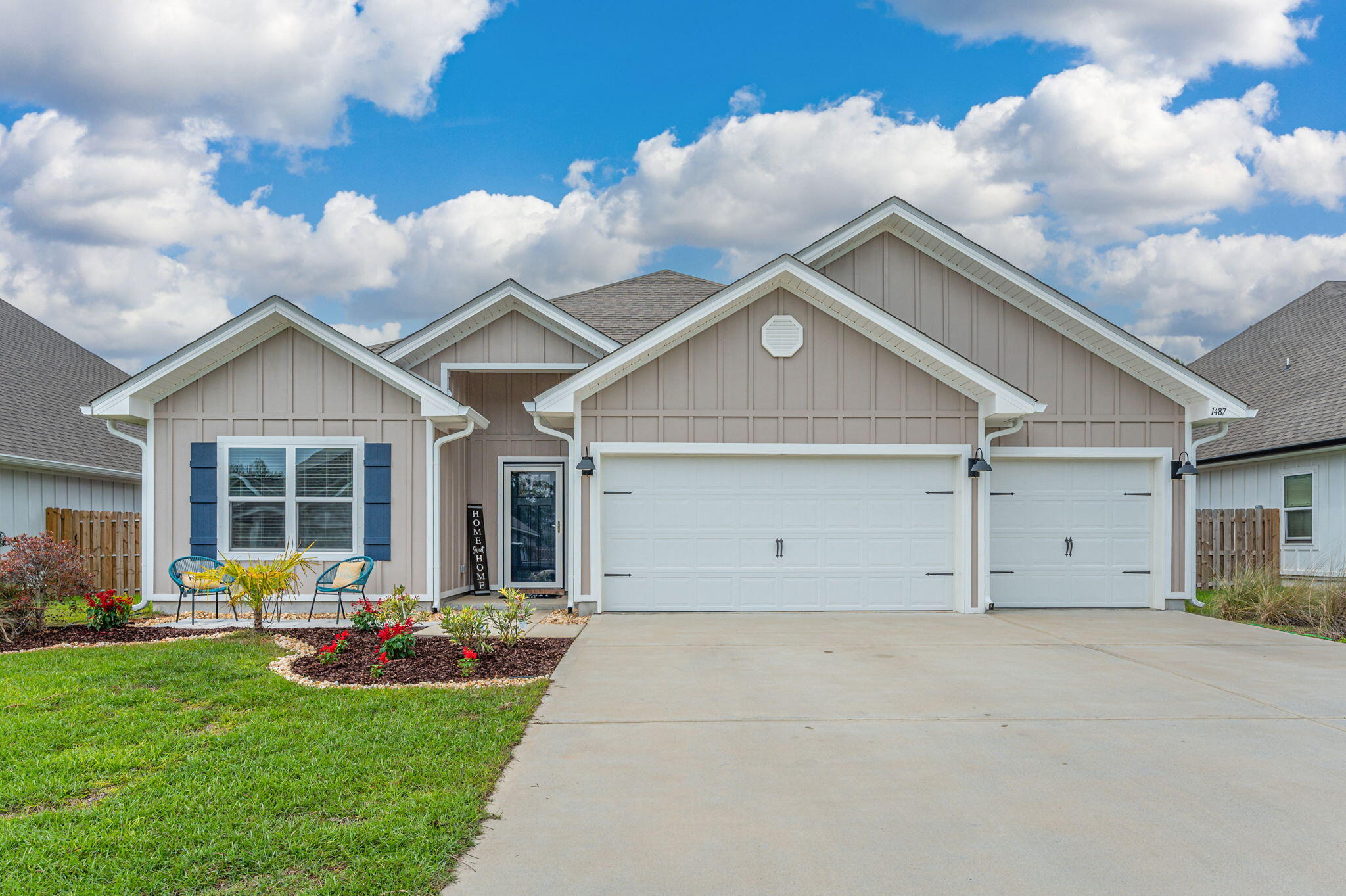 Welcome Home! Built in 2021, this first re-sale home in the gorgeous Seagate community of Gulf Breeze is JUST the home you've been waiting for! This 4 bedroom, 3 FULL bathroom, and 3 car garage home is known as the popular ''Destin'' floor-plan and boasts luxury vinyl throughout the main living spaces and 2 bedrooms. Featuring almost 2300 sqft, this open concept plan includes 2 bedrooms and 1 bath off the main foyer, an oversized family room with flex space/dining room/play space, large center island kitchen with breakfast bar, and generous eat in kitchen space. The back right corner includes the third bedroom with an additional full bathroom - conveniently located within inches of the backyard access. The primary suite includes lots of natural light and bright ensuite bath with tub & -->