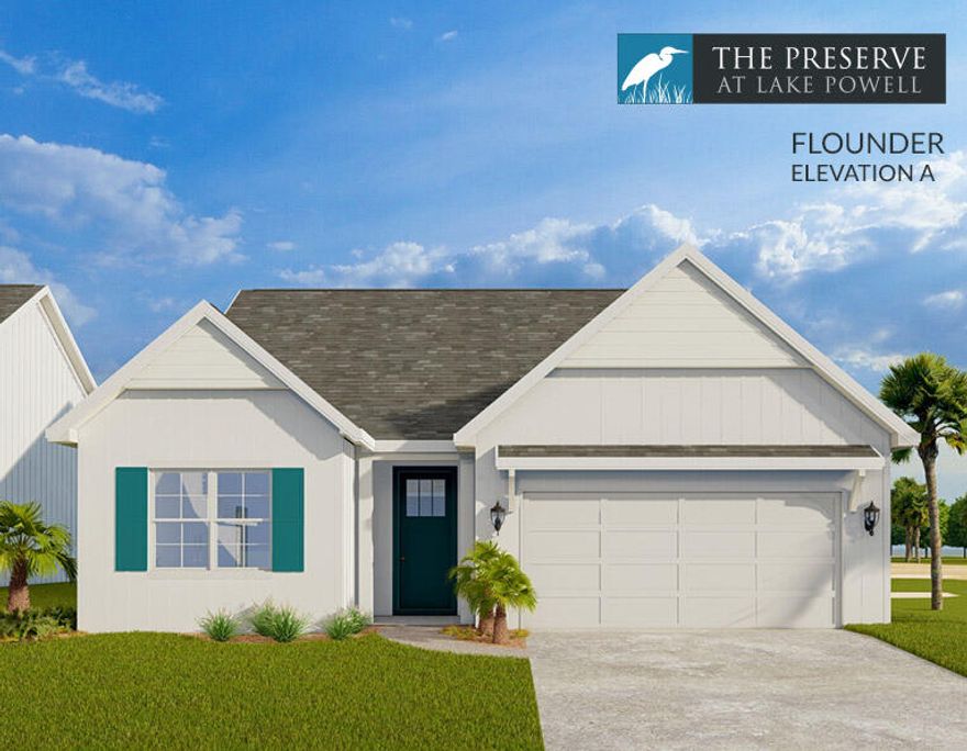 Enjoy the Inlet Beach lifestyle for a fraction of the price! The Preserve at Lake Powell is a coastal community located on the west end of Panama City Beach. We have 40 new lot/home packages to choose from and 4 floor plans. This premier development is only a short drive to the largest public beach access in Walton County, the public boat launch at Lake Powell Park, 30 Avenue for shopping & entertainment, Camp Helen State Park, and Rosemary or Alys Beach. Coastal style homes featuring quality materials, bold features, and versatile design are the centerpiece of this serene residential retreat. The Flounder floor plan features 3 bedrooms, 2 baths, 1,653 sq ft, 2-car garage, and an open patio (or the option for a covered porch). Standard features include scratch resistant laminate hardwood flooring, cabinets with soft close doors & drawers, granite countertops (can upgrade to Quartz), and more. Upon entry you are welcomed into the foyer which leads directly to the kitchen and open living & dining areas. Several windows bring in lots of natural light giving the space a great ambiance.

The kitchen features a large center island with breakfast bar, stainless steel appliances, cabinets with soft close doors & drawers, granite countertops & backsplash, and a separate pantry. There is an option to upgrade to the gourmet kitchen.

The spacious master suite features a walk-in closet and a luxurious en-suite master bath with double vanities, walk-in tile shower, and a separate water closet. The split bedroom floor plan places the two additional bedrooms at the front of the home giving the master extra privacy. Additional bedrooms are generous in size and share a bathroom.

This is your opportunity to own a brand new coastal home located in the heart of what makes the Emerald Coast famous. The Preserve at Lake Powell is ideally located with quick and easy access to outdoor activities such as biking, hiking, kayaking, paddle boarding, boating, and fun beach days. There are currently homes under construction and several available lots. Choose your lot and the features/options of your Flounder floor plan today! Full packages are available upon request. We look forward to helping you find an amazing property with a million dollar lifestyle at a fraction of the price!

**Pricing is subject to change based on additional upgrades being added during the construction process.**
