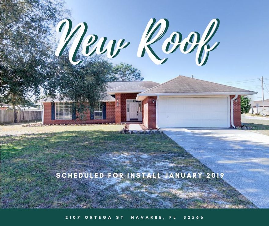 **NEW ROOF scheduled for install January 2019** Welcome home! This east Navarre corner lot home is conveniently located in Hampton Ridge Estates just minutes from beautiful Navarre Beach and a short drive to Hurlburt Field. This all brick beauty features four bedrooms in a split floor plan, with a spacious master retreat complete with a double vanity, stand up shower, separate soaking tub, private water closet, and walk in closet. The kitchen boasts stainless steel appliances and opens to the eat in kitchen and living room providing a nice open layout. The large living room comes complete with a wood burning fireplace and vaulted ceiling, and the back patio door leads to the expansive backyard (0.23 acre lot) where you'll find a outside storage building. In addition to the master, there is