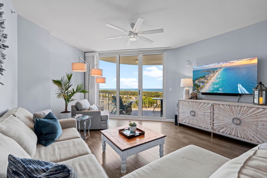 Welcome to Palms of Destin 1812, truly turn-key & beautifully renovated with coastal accents throughout create the perfect beachside retreat, perfect for hosting memories with family & friends. Whether you're looking to unwind after a day at the beach or entertain guests in style, this condo offers the perfect setting for both.Step into relaxed coastal living with this renovated condo w/ Henderson Beach views & located in a prime location in the heart of Destin. Just minutes to our sugar white-sand beaches! This turnkey unit boasts modern upgrades, including 12x24 modern tile in the kitchen & bathroom, luxury vinyl flooring throughout, waterfall quartz countertops, & a stylish backsplash that exudes sophistication. New appliances offer peace of mind, new HVAC, water heater, stove/oven, microwave & refrigerator, washer and dryer in 2023, will also convey with the sale. Offered fully furnished & decorated, this condo comes truly turn key, -ready for your enjoyment.

In addition to the stunning interior features, residents and guests can enjoy a plethora of resort amenities, including a resort-style  pool, hot tub, poolside bar and restaurant, adorable on-site coffee house, fitness center, indoor pickle ball court, tennis and basketball courts, and an on-site play ground. From leisurely days by the pool to friendly games on the courts, karaoke, or live entertainment at the Good Vibes Bar, -there's something for everyone to enjoy in this vibrant resort community.

Don't miss out on the opportunity to own a piece of paradise in this renovated condo with coastal finishes and resort-style amenities. Embrace the coastal lifestyle and create lasting memories in this exceptional beachside retreat!