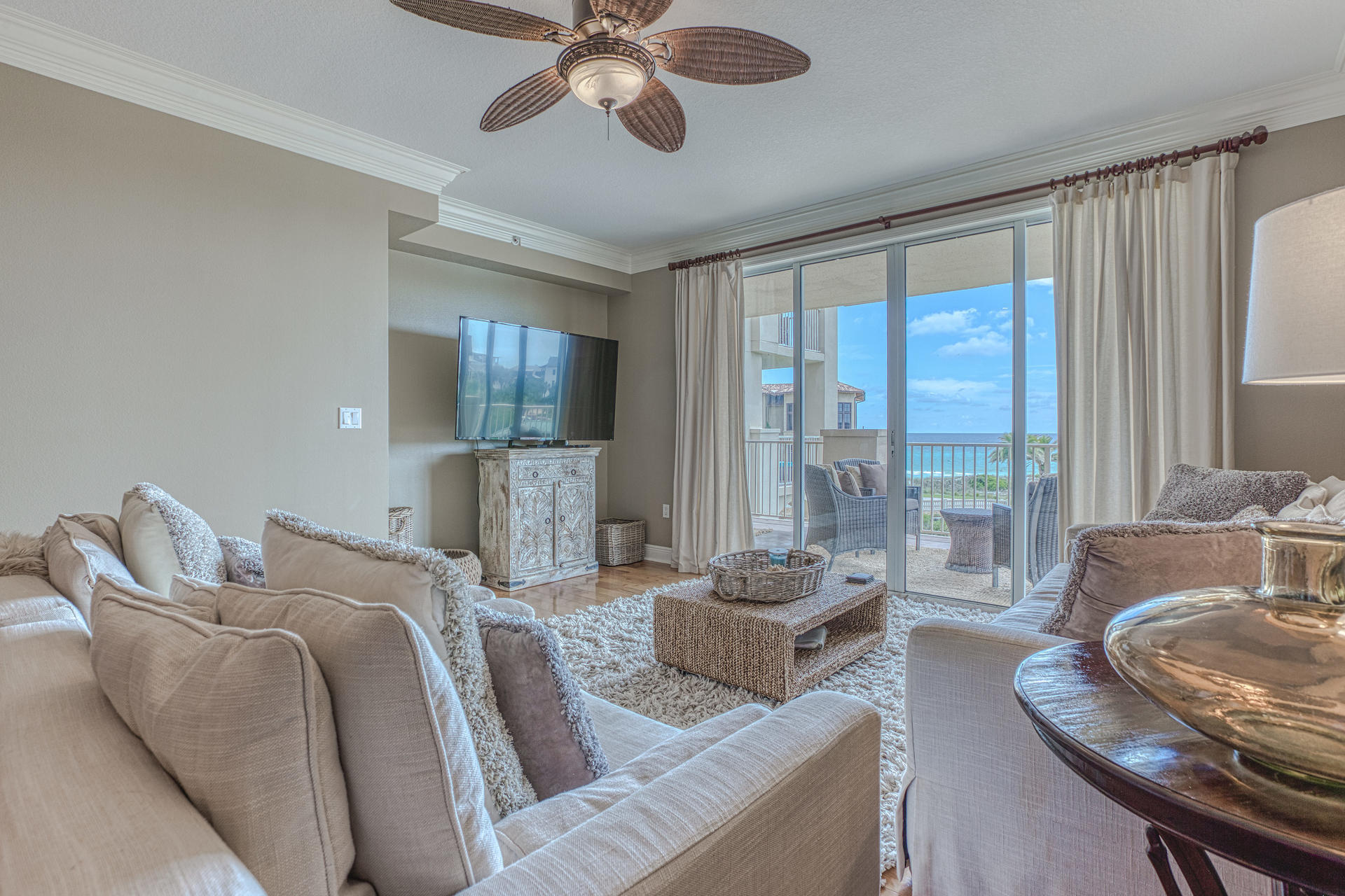 FABULOUS GULF VIEWS AND RENTAL HISTORY! 3 bedrooms and 3 baths. Beautifully furnished and maintained condo with pecan hardwood floors, large kitchen with center island, upgraded lighting and moulding throughout. The huge, L shaped balcony overlooks the expansive gulf front pool, a pond with pier, and the gorgeous blue magnet, the Gulf of Mexico!! This property is unique in that you are so close to the beach, without long, steep stairs to drag all your gear and family down! All of this is what keeps the same rental guest coming back year after year! Over $98,000 in RENTAL INCOME in 2019. San Remo is gated, on the southside of 30A, only 32 total units and low density creates a cozy , private feel, yet conveniently located to 30A shops and restaurants! THIS IS A MUST SHOW!
