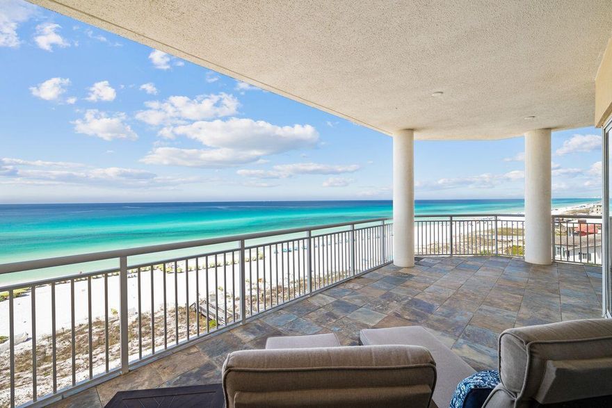 Located in a private gated rental-restricted building, this fifth-floor unit is a perfect beach getaway or second home. The view is a showstopper, overlooking the powder-soft sands and emerald gulf waters in Miramar Beach. It's a rare opportunity to secure a three-bed, three-bath unit at Hidden Dunes Grand Villas as they do not come on the market often. The deep wraparound balcony provides generous outdoor space with panoramic gulf and beach views. The unit has a spacious and open living/dining room area and tile floors throughout.