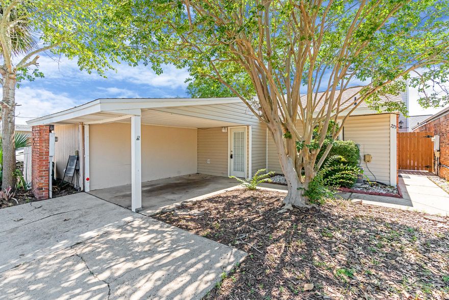 Centrally located Destin townhome less than 3 miles to the beach, 1 mile to the new Publix, and 15 miles to Eglin AFB and Hurlburt Field. This 2 bedroom, 1.5 bathroom duplex features vaulted ceilings, a wood-burning fireplace with brick accent, lots of natural light, and an open layout. Tiled floors in the kitchen, dining, bathrooms, and guest room. New carpet in the living area and primary bedroom. Laundry in unit, washer and dryer convey. Ensuite bathroom has new vanity, toilet, and shower/tub insert. Enjoy an attached carport, a fully fenced backyard with a freshly stained deck, and no HOA. Tucked near back roads for easy access around town, this Destin gem is ideal for first-time buyers, investors, or military relocation.