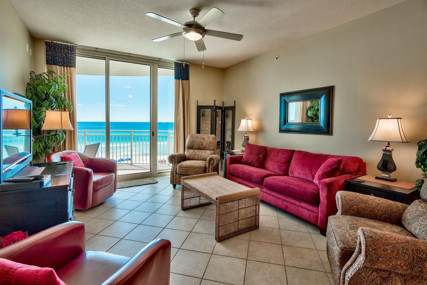 for entertaining. Tile floors extend throughout the living & dining area, kitchen, entry and bathrooms - perfect for easy beach living. Unit is nicely furnished & decorated including flat Best 1-bedroom floor plan at Aqua with a Gulf front master bedroom, bonus room and largest 1-bedroom balcony available, totaling 227 square feet! This is a prime opportunity to own an incredible, well-maintained unit. Ideally located on the third floor you are low enough to hear the sound of waves for pure relaxation. You also have easy access to the elevated covered skyway that leads to the parking garage. Interior offers 9 foot ceilings, floor to ceiling glass sliding doors that maximize the views and an open floor plan, allowing the unit to feel very spacious and great screen TVs.