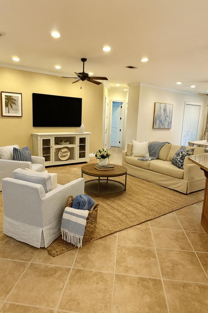 Beautiful family home ready to move into in the quiet neighborhood of Mack Bayou Estates off of Goldsby Road in Santa Rosa Beach. Close to Sacred Heart, Grand Boulevard, Butler Elementary and 30A, this home is conveniently located for all of your South Walton activities. The home was built in 2006 and is just under 2,100 sq. feet. When you walk in the front door, the entryway connects to the open concept living room, dining room and kitchen, which is perfect for family meals and entertaining. The master bedroom is a generous size with an extra large walk-in closet. The master bathroom features a double vanity, soaking tub and oversized walk-in shower. The two additional guest bedrooms feature private bathrooms as well. The laundry room is located off of the kitchen near the entrance to