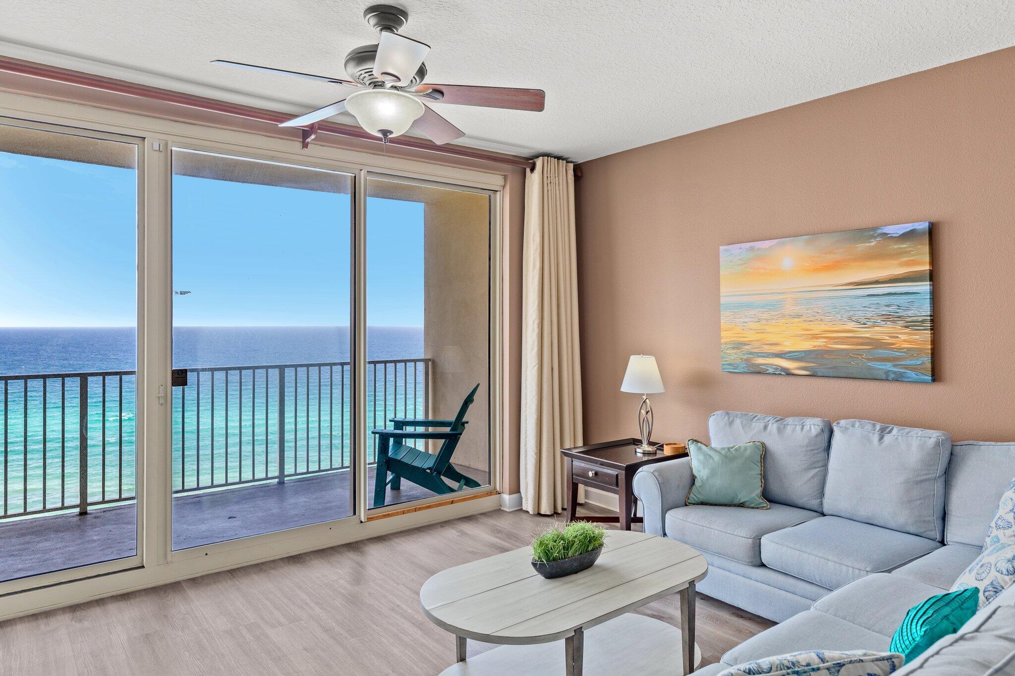 FULLY FURNISHED - RENTAL READY - MOST DESIRABLE ''C'' FLOOR PLAN- SECOND FLOOR PRIVATE PARKING. You deserve your own luxury waterfront condo and this 18th floor C unit featuring 1 bedroom with a Gulf and pool view, private 1 bunk room and 2 bathrooms in the sought after Shores of Panama is fully furnished and ready for you! Featuring an open floor plan kitchen/living/dining room, upgraded flooring throughout, white shaker cabinets, stainless steel & white appliances, granite countertops, breakfast bar, brand new in-unit stackable washer & dryer & beautiful coastal furniture. All with stunning views of the emerald coast and lagoon-style pool from the living room, master bedroom and oversized balcony! The unit comes with a dedicated parking spot conveniently located on the 2nd floor.