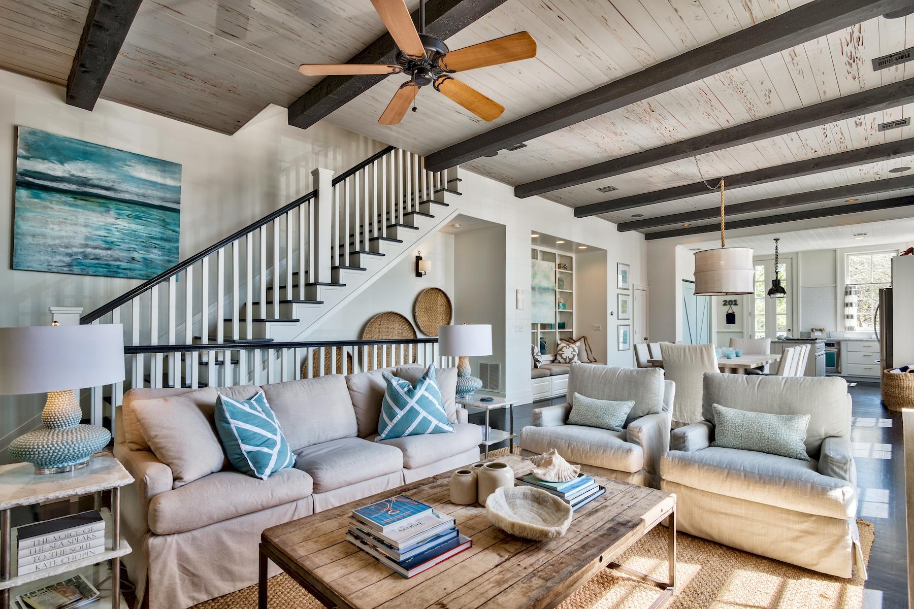 Designed by Alexander Gorlin, regarded for his acute attention to detail and structural integrity, this home is a recipient of the 2018 Seaside Prize and truly is one of a kind with four stories, including a fabulous 5th level rooftop offering gulf views. At 2,975 square feet this vibrant residence, professionally decorated by Tracery, is uplifting with high end features including ebony stained hardwood flooring throughout, pecky cypress beamed ceilings and several oversized balconies on the 2nd, 3rd, and 4th floors overlooking Ruskin Place Park. The first level, currently used as a second living area and office space, with wet bar and full bathroom, can also be converted for commercial use.
