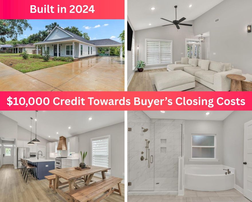 SELLER WILL CONTRIBUTE $10,000 TOWARDS BUYERS CLOSING COSTS WITH A FULL PRICE OFFER***AND*** SPECIAL INTEREST RATE WITH SELLERS PREFERRED LENDER*** STUNNING 2024 BUILD - 3 Bedroom 2 Bathroom 'Nearly New Construction' Cretin Townsend custom build on a 0.26 Acre Lot, just minutes from Downtown Pensacola! This well appointed 1840 Sq Ft home has an open concept and split floor plan that buyers have come to expect. As you approach the home, you are greeted by an oversized drive and large welcoming covered front porch that are perfect for those Adirondack or rocking chairs! As you step through the beautiful double door entry of the home, you    are welcomed by a small foyer that escorts you to the home's main living area. The main living area is complete with a 16 foot cathedral ceiling that flows through the living room, dining area, and kitchen that gives this home a large and luxurious feel. The spacious living room is complete with ceiling fan, LVP flooring, tall baseboards, cased windows and beautiful window treatments. The living room connects with the home's dining area that can easily accommodate a large table for 8 people, perfect for entertaining. The gourmet kitchen is complete with stainless steel appliances (French door refrigerator, dishwasher, Z-line 6 burner gas cooktop and electric oven with custom wood cover vent), 8 foot island with farmhouse style sink and breakfast bar, quartz countertops, white shaker style all wood cabinetry and navy island base cabinets, under cabinet lighting, corner pantry and more... Enjoy the convenient indoor laundry room located across from the master bedroom. The large master suite is complete with LVP flooring, ample windows with beautiful window treatments, recessed lighting and ceiling fan. The master bathroom offers a spa-like feel, complete with 12x24 offset tile, large corner double vanity, soaking tub, tiled shower with glass enclosure, water closet, and HUGE master walk-in closet. Back at the front of the home, a private hallway guides you to the homes two additional bedrooms that are generous in size, complete with ceiling fans, window treatments, LVP Flooring, and spacious closets. A second full bathroom is located between the two additional bedrooms just off of the hallway. A second covered porch is located off the back of the home overlooking the large back yard with plenty of room for children and pets to enjoy. A MASSIVE 20x20 carport  is located at the end of the homes oversized driveway ready for all of your vehicles, boat, and other toys... The home comes with an American Standard HVAC unit and 50 Gallon hot water heater. 
This amazing property is located just minutes from Downtown Pensacola and is convenient to restaurants, shopping, activities, beaches, I-110 and more... Don't let your opportunity to own this beautifully built custom home slip away...schedule your showing TODAY!!!