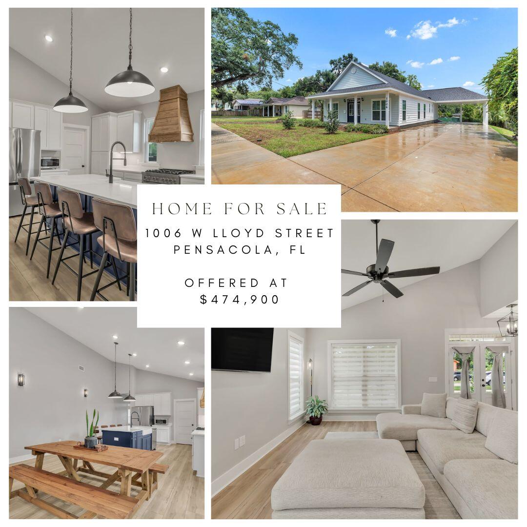 STUNNING 3 Bedroom 2 Bathroom 'Nearly New Construction' Cretin Townsend custom build on a 0.26 Acre Lot, just minutes from Downtown Pensacola! This well appointed 1840 Sq Ft home has an open concept and split floor plan that buyers have come to expect. As you approach the home, you are greeted by an oversized drive and large welcoming covered front porch that are perfect for those Adirondack or rocking chairs! As you step through the beautiful double door entry of the home, you are welcomed by a small foyer that escorts you to the home's main living area. The main living area is complete with a 16 foot cathedral ceiling that flows through the living room, dining area, and kitchen that gives this home a large and luxurious feel. The spacious living room is complete with ceiling fan, LVP flooring, tall baseboards, cased windows and beautiful window treatments. The living room connects with the home's dining area that can easily accommodate a large table for 8 people, perfect for entertaining. The gourmet kitchen is complete with stainless steel appliances (French door refrigerator, dishwasher, Z-line 6 burner gas cooktop and electric oven with custom wood cover vent), 8 foot island with farmhouse style sink and breakfast bar, quartz countertops, white shaker style all wood cabinetry and navy island base cabinets, under cabinet lighting, corner pantry and more... Enjoy the convenient indoor laundry room located across from the master bedroom. The large master suite is complete with LVP flooring, ample windows with beautiful window treatments, recessed lighting and ceiling fan. The master bathroom offers a spa-like feel, complete with 12x24 offset tile, large corner double vanity, soaking tub, tiled shower with glass enclosure, water closet, and HUGE master walk-in closet. Back at the front of the home, a private hallway guides you to the homes two additional bedrooms that are generous in size, complete with ceiling fans, window treatments, LVP Flooring, and spacious closets. A second full bathroom is located between the two additional bedrooms just off of the hallway. A second covered porch is located off the back of the home overlooking the large back yard with plenty of room for children and pets to enjoy. A MASSIVE 20x20 carport is located at the end of the homes oversized driveway ready for all of your vehicles, boat, and other toys... The home comes with an American Standard HVAC unit and 50 Gallon hot water heater.
This amazing property is located just minutes from Downtown Pensacola and is convenient to restaurants, shopping, activities, beaches, I-110 and more... Don't let your opportunity to own this beautifully built custom home slip away...schedule your showing TODAY!!!