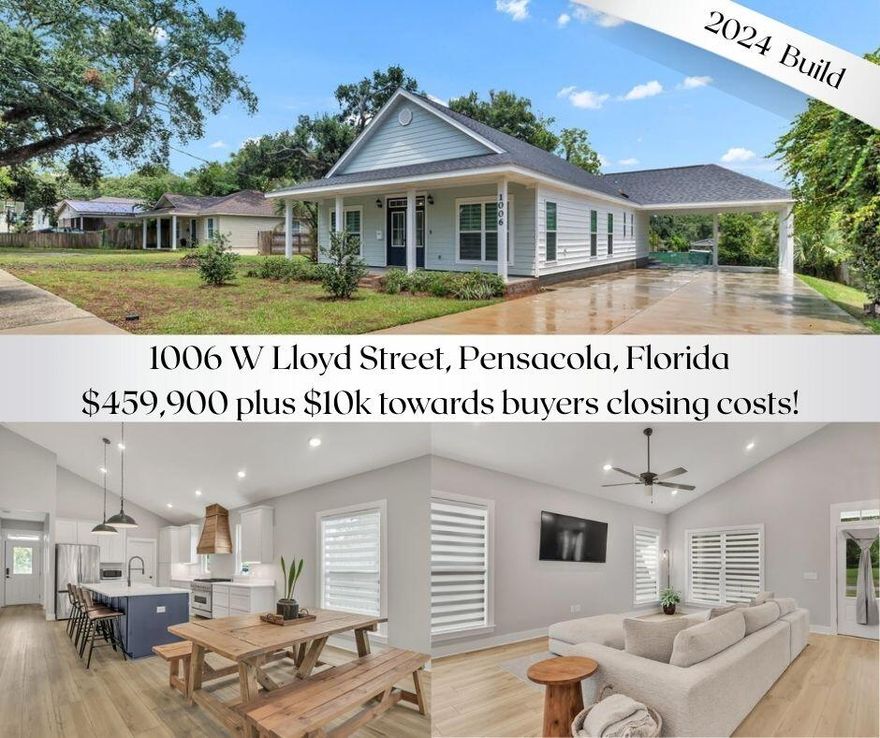 SELLER WILL CONTRIBUTE $10,000 TOWARDS BUYERS CLOSING COSTS WITH A FULL PRICE OFFER***AND*** SPECIAL INTEREST RATE WITH SELLERS PREFERRED LENDER*** STUNNING 2024 BUILD - 3 Bedroom 2 Bathroom 'Nearly New Construction' Cretin Townsend custom build on a 0.26 Acre Lot, just minutes from Downtown Pensacola! This well appointed 1840 Sq Ft home has an open concept and split floor plan that buyers have come to expect. As you approach the home, you are greeted by an oversized drive and large welcoming covered front porch that are perfect for those Adirondack or rocking chairs! As you step through the beautiful double door entry of the home, you    are welcomed by a small foyer that escorts you to the home's main living area. The main living area is complete with a 16 foot cathedral ceiling that flows through the living room, dining area, and kitchen that gives this home a large and luxurious feel. The spacious living room is complete with ceiling fan, LVP flooring, tall baseboards, cased windows and beautiful window treatments. The living room connects with the home's dining area that can easily accommodate a large table for 8 people, perfect for entertaining. The gourmet kitchen is complete with stainless steel appliances (French door refrigerator, dishwasher, Z-line 6 burner gas cooktop and electric oven with custom wood cover vent), 8 foot island with farmhouse style sink and breakfast bar, quartz countertops, white shaker style all wood cabinetry and navy island base cabinets, under cabinet lighting, corner pantry and more... Enjoy the convenient indoor laundry room located across from the master bedroom. The large master suite is complete with LVP flooring, ample windows with beautiful window treatments, recessed lighting and ceiling fan. The master bathroom offers a spa-like feel, complete with 12x24 offset tile, large corner double vanity, soaking tub, tiled shower with glass enclosure, water closet, and HUGE master walk-in closet. Back at the front of the home, a private hallway guides you to the homes two additional bedrooms that are generous in size, complete with ceiling fans, window treatments, LVP Flooring, and spacious closets. A second full bathroom is located between the two additional bedrooms just off of the hallway. A second covered porch is located off the back of the home overlooking the large back yard with plenty of room for children and pets to enjoy. A MASSIVE 20x20 carport  is located at the end of the homes oversized driveway ready for all of your vehicles, boat, and other toys... The home comes with an American Standard HVAC unit and 50 Gallon hot water heater. 
This amazing property is located just minutes from Downtown Pensacola and is convenient to restaurants, shopping, activities, beaches, I-110 and more... Don't let your opportunity to own this beautifully built custom home slip away...schedule your showing TODAY!!!