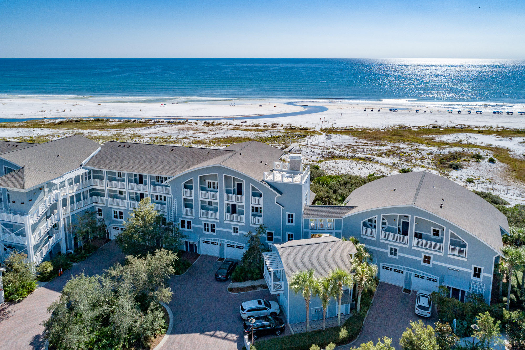 GULF FRONT end unit with western panoramic views overlooking the gulf and Watersound Beach Club. Views from the master bedroom, living, dining room and kitchen. This is the closest unit to the Beach Club with gated access to the private property only a few steps from the front door. Heating and Air and entire unit painted within the last two years.