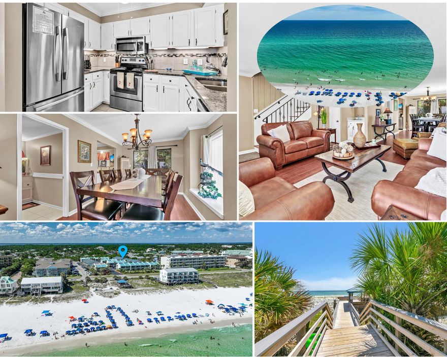 Immaculately Maintained Townhome with Deeded Beach Access in Miramar Beach! Welcome to Gulf Winds East just 150 yards from the sugar-white sands of the Gulf, with deeded beach access and a charming beachfront gazebo. This fully renovated, move-in ready 2-bedroom, 2.5-bath townhome has been lovingly maintained and never used as a vacation rental, ensuring top-notch condition throughout. Step inside to find a massive open-concept living and dining area, perfect for entertaining or relaxing with the family. A custom wet bar adds a touch of luxury, while updated lighting, ceiling fans, and rich, timeless finishes add warmth and style. The rebuilt staircase features custom rod iron railings with floor lighting, and the home boasts knockdown ceilings, crown molding throughout, and updated  flooring for a polished look. The kitchen shines with granite countertops, stainless steel appliances, and ample cabinetry. You'll also love the personal laundry space with in-unit washer and dryer, as well as plenty of storage, including an owner's closet and exterior storage for all your beach gear. Upstairs, two spacious king suites each feature an updated en-suite bath, large closets, and private balconies. Both bedrooms offer enough space to add bunk beds, making this home ideal for larger families or increasing vacation rental potential. Enjoy two ground-level patios and two upper balconies for plenty of outdoor living space. The community offers a sparkling pool, and you're just a short walk from beachfront dining and entertainment along Scenic Gulf Drive.This one checks every box  whether you're looking for a second home, primary residence, or a vacation rental investment, you'll love the location, layout, and care this home has received.