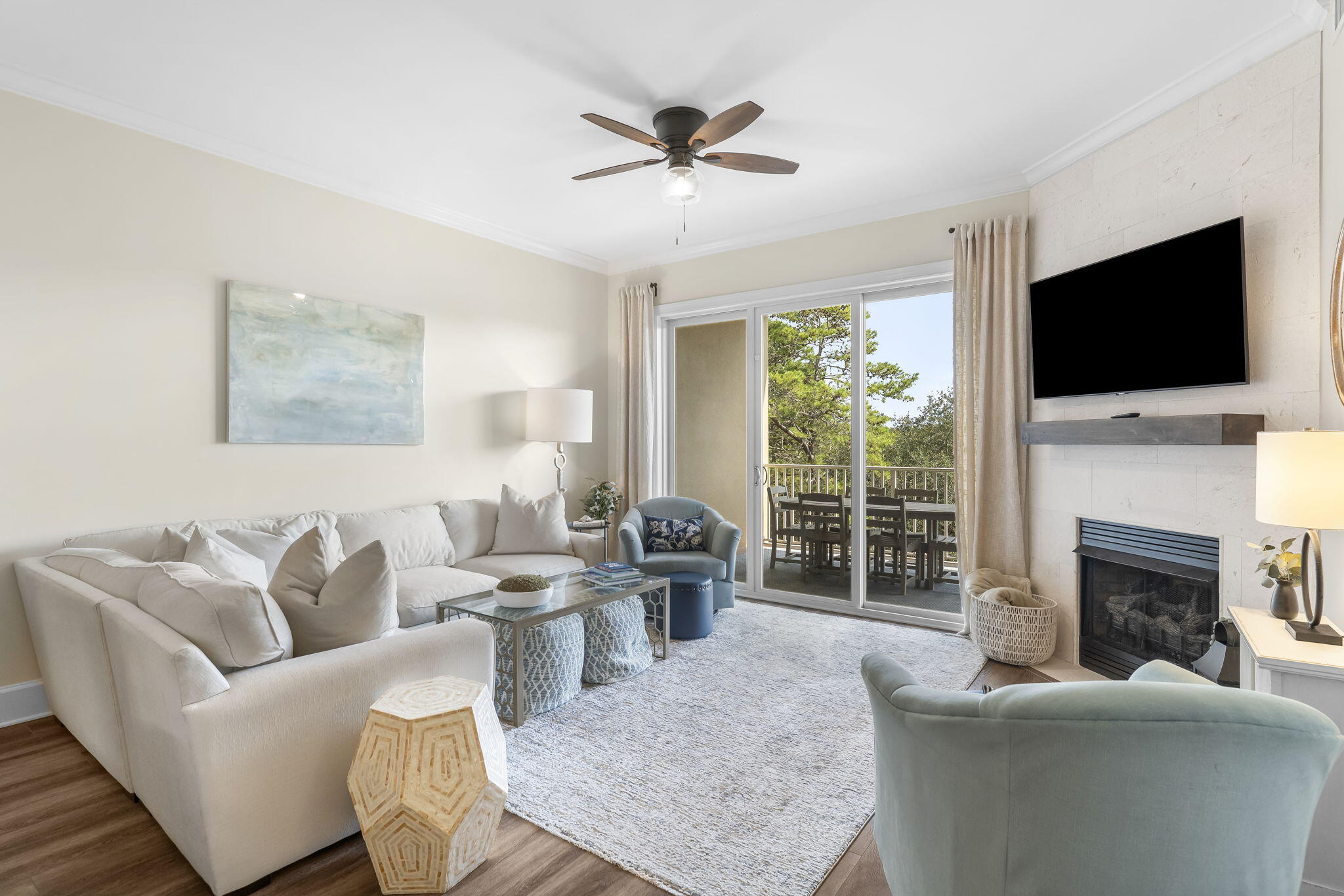Experience your ''Private Oasis'' and re-discover the ''Old Florida'' vibe in this beautifully updated 3 bedroom + 3 1/2 bath condo located within the exclusive Sanctuary at Redfish Resort. This upscale, gated community is surrounded by a lush, forested preserve while being nestled along the shores of a rare coastal dune lake, Redfish Lake. Additionally, this community uniquely provides a private boat shuttle, available seasonally, which transports residents across Redfish Lake directly to the white-sand beaches of the Gulf of Mexico--an experience as effortless as it is exclusive.Inside, this recently remodeled condo features an open-concept layout with neutral finishes, coastal-inspired decor, gas fireplace, and abundant natural light. See More .... The kitchen is equipped with granite countertops, updated stainless steel appliances, large pantry, tiled backsplash, and a beautiful, tiled island bar. The expansive dining/living room is great for entertaining with the large screen Smart TV, fireplace and spectacular balcony views. The king master ensuite offers a spa-style bath with a soaking tub, walk-in tile shower, and double vanities. There is also a king guest ensuite with oversized tiled shower and a queen guest ensuite with a tub/shower combo. The laundry room features a new front load washer and dryer, laundry sink, and a locking storage cabinet. Other condo upgrades include new LVP flooring in the dining room, living room, and all bedrooms, new fans and light fixtures, Smart TV's, upgraded door hardware, 2024 water heater, 2015 high efficiency HVAC, and Polywood outdoor balcony furniture.
Sanctuary at Redfish offers many resort-caliber amenities, including a large pool deck with four pools (one heated seasonally), two hot tubs, a fitness center, massage therapy room, a pool-side fire pit, walking trails, 4 new grilling stations, and a dock where guests can fish and/or launch their kayaks and paddleboards. There are 2 underground parking spaces and this condo has a lockable storage area in the garage.
If you are looking for a vacation property where you can get away from the noise and the crowds and enjoy a tranquil retreat and be only minutes away from all of your 30A local favorites (like the Blue Mountain Creamery/Bakery, Cowgirl Kitchen, or Redfish Village), this is your opportunity.