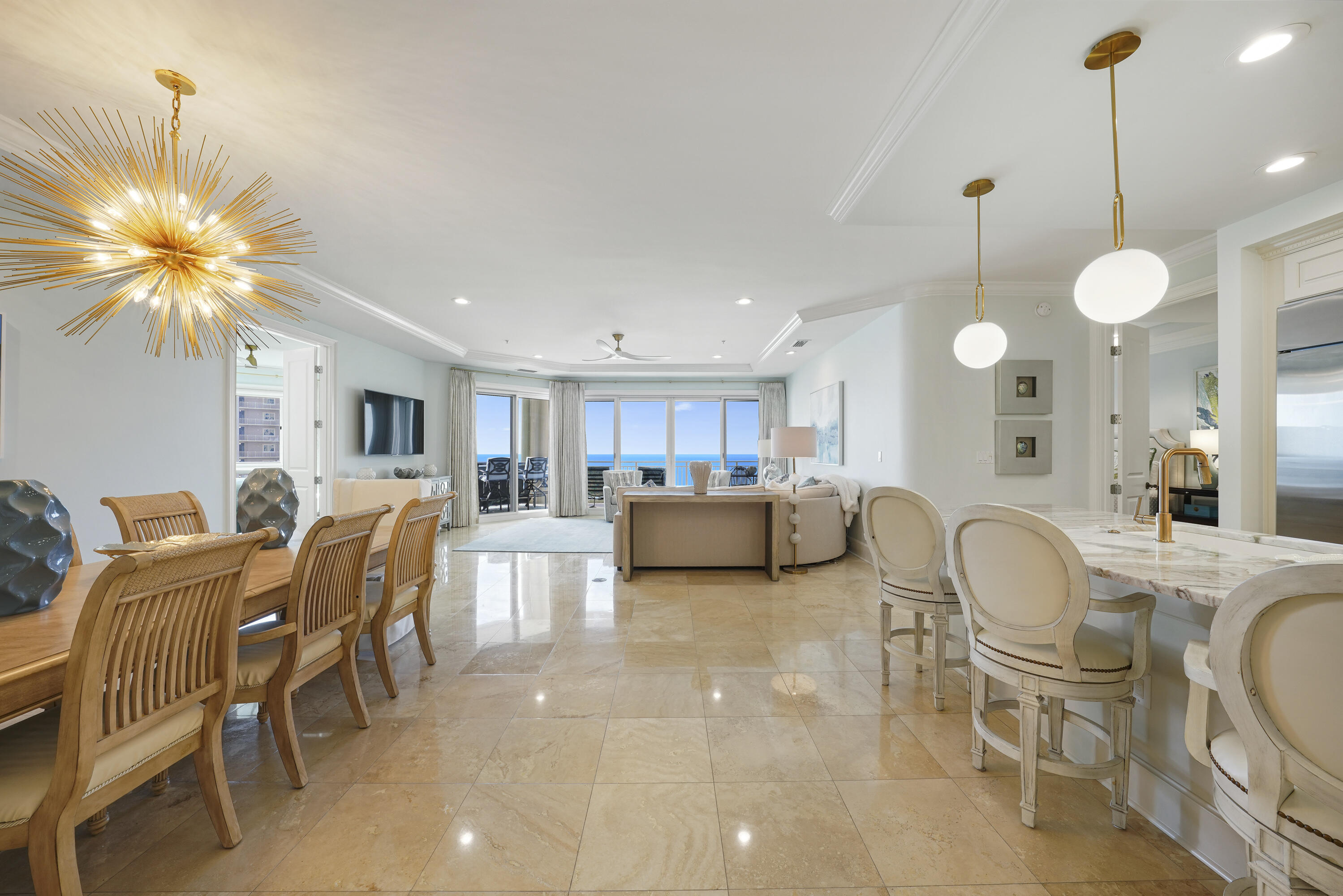This gorgeous 3BR / 3BA Villa is perfectly situated on the 15th floor of Grand Dunes II and offers incredible views of the Gulf, the beautiful white sandy beaches of South Walton and the Bay. All bedrooms have water views from this incredible unit!This Villa has recently been upgraded & remodeled by one of the Top Designers in the area and it shows! Upgrades include: New Quartzite countertops in the kitchen and laundry area, fresh paint throughout including cabinets, new marble backsplash in the kitchen, Brizo faucets in kitchen & laundry, new flush mount LED can lights, new lighting fixtures & ceiling fans, 8' interior solid wood doors leading to the Master & Gulf front guest, new bedding, new artwork, new Kohler toilets in all baths, central vac & new window treatments!