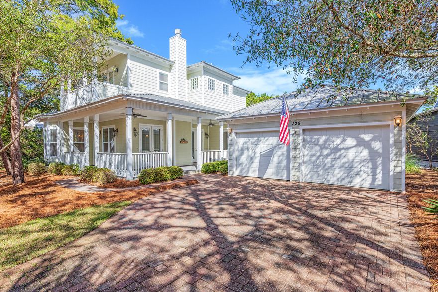 Great 30A East location with a short walk, golf cart or bike ride to your deeded beach access with golf cart & bike parking. This Florida Cottage home with oak hardwood engineered flooring throughout the main level has soaring 10 feet ceilings with crown molding on both levels. The front covered porch welcomes you to come inside to an open living and kitchen area with fireplace. The kitchen has granite counters and GE Profile stainless steel appliances. The primary bedroom is on the main level with french doors, spacious walk in closet and expansive bath with garden tub, shower and double vanities. There is a guest suite on main level as well as two additional bedrooms with sleeper sofas and ensuite baths on second level. Private pool with screen enclosure and 2 car garage.