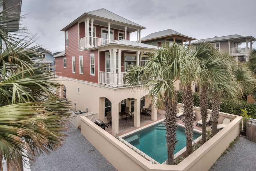 Breathtaking gulf views from this beautiful 4 bedroom + bunk room and 4 1/2 bath home just steps to the beach. Nestled in the gated community of Water's Edge a stone's throw from Rosemary Beach, this house has everything to offer. One row back from the white sandy beaches, daydream to the ocean air with your balcony doors open.
As you step into the front door, you will be greeted with 2 guest bedrooms, a bunk room and two full baths on the first floor. From the hallway, you are led to your own private pool for those calm sunny days. The second floor boasts a beautiful open floor plan creating a bright and airy ambiance including your Living, Dining & Kitchen areas along with a Master bedroom En Suite. The second master en-suite is on the third floor tucked away to it's private balcony
