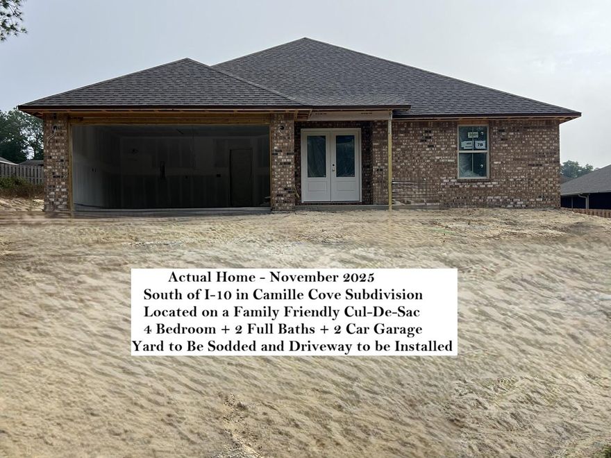 BRAND NEW BRICK HOME - SOUTH OF I-10 ON A CUL-DE-SAC. - Estimated Completion January 2026. All Photos are Samples of the same plan unless labeled Actual Home. The FLOOR PLAN IS IN THE PHOTOS. 4 Bedrooms, 2 Full Baths with STERLING OAK LV FLOORING Throughout. QUARTZ Countertops in Kitchens & Baths, Soaring Ceilings in the Main Areas + Auto Garage Door Opener. FRENCH DOOR ENTRY, Large Living Room, Breakfast Bar, Plus and Over Abundance of Kitchen Cabinets, Pantry, & Large Laundry Room. Master BEDROOM WITH FRENCH DOOR ENTRY. Double Quartz Top Vanity with Additional Drawers, LARGE SHOWER WITH SEAT, Walk-in Closet. 3 Additional Bedrooms, Linen Closet, & 2 Car Garage. BUILDER PAYS MOST CLOSING COST, ASK FOR DETAILS. Astroguard Hurricane Fabric is included with this home.  THE SUBDIVISON OF CAMILLE COVE IS IN A GREAT LOCATION ON THE South End of Crestview. THE SUBDIVISON OF CAMILLE COVE IS IN A GREAT LOCATION and CAN BE ACCESSED BY TURNING AT THE 1ST RED LIGHT ON THE SOUTH END OF CRESTVIEW. We have more homes under construction. If you are Traveling from Niceville, Eglin, Duke, 7th Group, Hurlburt, or Fort Walton Beach you will be able to Turn at the 1st Redlight on the South End of Crestview to Access Camille Cove. Close to Shopping & Restaurants. More New Brick Homes Under Construction, Estimated Closing Time January 2026. 