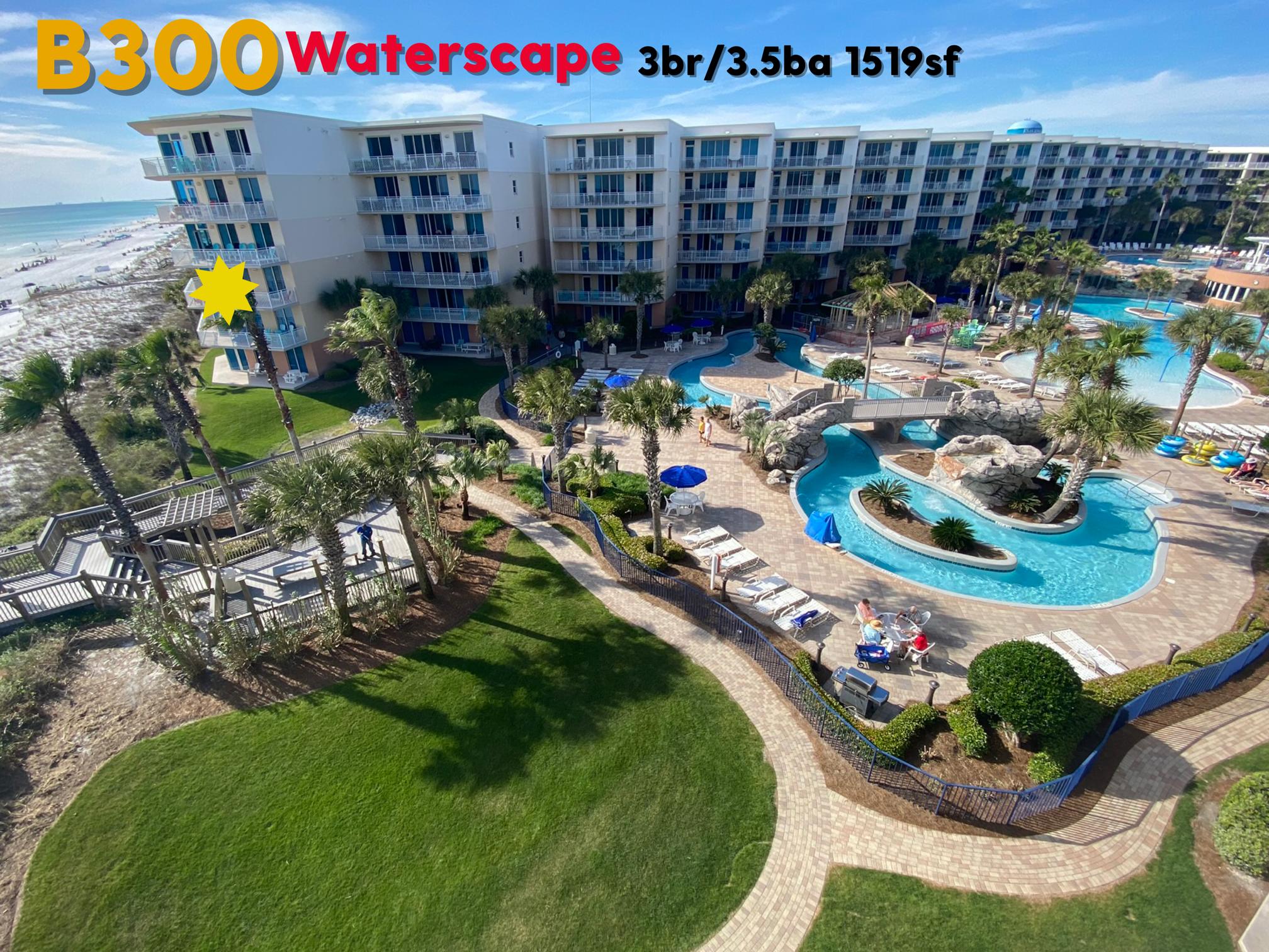 The Unit you've been waiting for -B300! Prime corner gulffront location with 180 degree views of the entire beach from the Okaloosa Is. pier to the W sunsets to Navarre. Spectacular furn. 3br/3.5ba w/bunks - Sleeps 10. Highly sought after unit & property. All 3 BRs w/gulf views; Floor to ceiling glass in the spacious LR. Wraparound balcony for lots of outdoor relaxing w/views of the incredible LazyRiver, 0-edge pool w/waterfall, Fuds food, 10 grills, fitness center, KiddiePark & 490' of sugar white #1 rated beaches! Outstanding rental machine w/$113K+ in 2021 gross rents. Tile floors, modern decor, granite kitchen counters w/breakfast bar, pantry, lg. MBR w/ensuite bath; All brs face gulf w/private baths; extra 1/2bath in hall & owner storage. Close to dining, shopping and more!