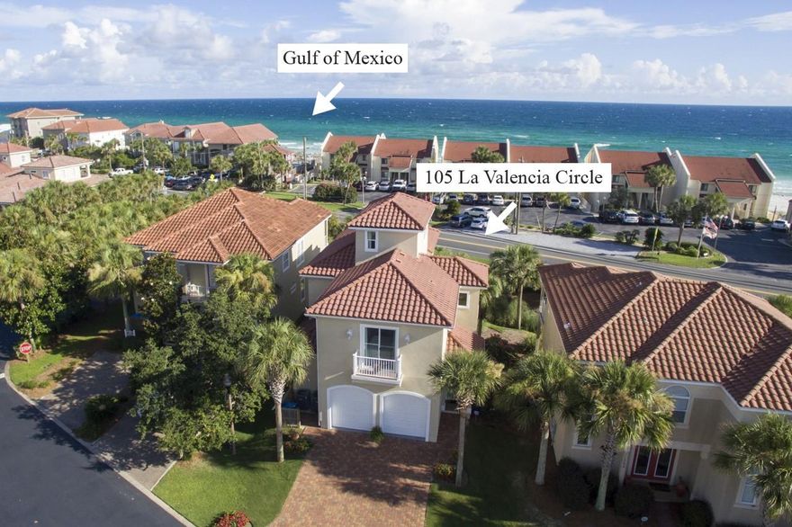 Gulf views from this 3 story custom home and just steps to the beach! 4 bdrms and 3 baths, 10' ceilings on first 2 floors, oak floors in main living area,crown molding, SS appliances,raised panel cabinets,solid surface counter tops & custom tile backsplash,pocket doors on guest baths & laundry rm, blinds throughout, spiral staircase to 3rd floor, tile roof and stucco exterior, and meticulously maintained. New Samsung washer & dryer convey,& SS frig!Built above code with 2'X6' framing construction of exterior walls. High impact windows & doors,Hurricane tie down rod anchor system,spacious 2 car garage and storeroom.Located in gated community with two pools (one is on the beach!), tennis court, and clubhouse with fitness center. Near grocery stores, restaurants, 30A & shopping.