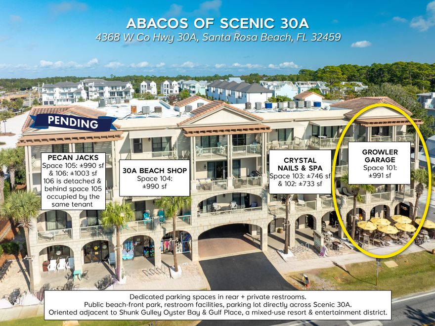 Prime commercial retail storefront on Scenic 30A in Santa Rosa Beach, Florida! This prime end-cap commercial space projects a strong presence on Scenic 30A in Santa Rosa Beach, Florida, and captures high visibility from the synergistic peripheral uses that include the mixed-use, entertainment development known as Gulf Place, and flanked by Shunk Gulley Oyster Bar & Papa Surf Burger Bar; all located directly across from the expansive and popular public beachfront park known as Ed Walline Regional Beach Access (located at 4447 County Hwy-30A W, Santa Rosa Beach, FL 32459).  Abacos offers dedicated parking spaces for patrons, and the site has exceptional access from Highway 98 via County Road 393 and Scenic 30A.  Please inquire for further details.  Showings require a minimum of 48 hours... of advanced notice.  Please do not approach tenants or their employees.