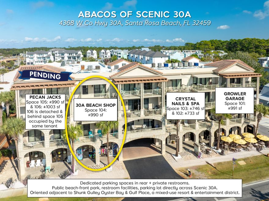 POTENTIAL IMMEDIATE OCCUPANCY! Prime commercial retail storefront on Scenic 30A in Santa Rosa Beach, Florida! This prime end-cap commercial space projects a strong presence on Scenic 30A in Santa Rosa Beach, Florida, and captures high visibility from the synergistic peripheral uses that include the mixed-use, entertainment development known as Gulf Place, and flanked by Shunk Gulley Oyster Bar & Papa Surf Burger Bar; all located directly across from the expansive and popular public beachfront park known as Ed Walline Regional Beach Access (located at 4447 County Hwy-30A W, Santa Rosa Beach, FL 32459). Abacos offers dedicated parking spaces for patrons, and the site has exceptional access from Highway 98 via County Road 393 and Scenic 30A. Please inquire for further details. Showings... require a minimum of 48-hour notice.  Please do not confront tenant's employees.