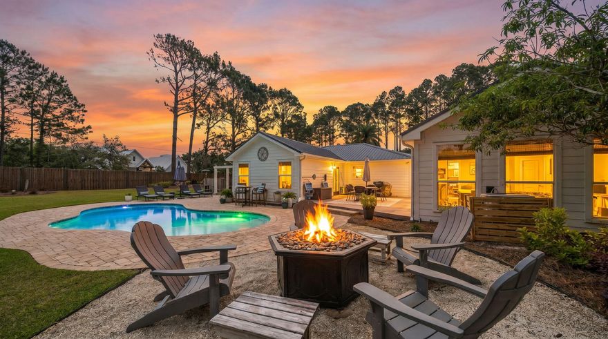 Experience a rare sense of space, tranquility and investment potential at 10 Fairway Drive. Situated on a oversized 0.58-acre corner lot in the coveted non-HOA community of Santa Rosa Ridge, this property offers a ''room to breathe'' feel that is challenging to find along the 30A corridor. Freshly painted and topped with a brand new custom-color metal roof, this home arrives maintenance-free, turnkey rental ready and fully furnished. The crown jewel of this estate is the expansive backyard coastal oasis, surrounded entirely by an 8-foot privacy fence. At its heart lies a rare coastal dune pond--a self-sustaining ecosystem stocked with bass, bream, and catfish, perfect for a quiet John-boat ride or a morning of fishing. The grounds are rounded out by a resort-style pool, fire pit, stunning mature landscaping and white peach trees.  Maximize your ROI with this turnkey, fully furnished gem featuring a proven rental history and active bookings already in place. The main residence offers single-story living with four bedrooms plus a dedicated bunk room that comfortably sleeps 10. Expanding the footprint is a detached, climate-controlled carriage house--a versatile flex space currently serving as a game room but easily converted to a fifth bedroom or private office. With vaulted ceilings, a chef's kitchen, and a prime location minutes from the beach and local amenities, this property offers the space and flexibility typically reserved for a much higher price bracket.