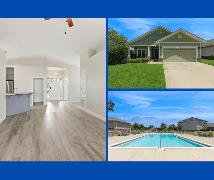 A conveniently located must-see! Fresh interior paint on walls, ceiling, doors, and trim!  Carpet in the two bedrooms has been replaced!  This 4 bedroom, 2 bathroom home in the gated Lafayette Creek Landing is a must see!   Conveniently located next to community amenities, this inviting single-story home offers an open-concept layout with vaulted ceilings that make the main living areas feel bright and spacious. You'll love the newly installed light-toned vinyl plank flooring that runs throughout the common areas, primary bedroom, and fourth bedroom; bringing a fresh, modern aesthetic along with low maintenance.

The heart of the home is the large family room, which flows seamlessly into the kitchen, breakfast nook, and out to the covered lanai; perfect for entertaining or relaxing at home The primary bedroom is tucked away at the back for added privacy and features a tray ceiling, and walk-in closet. The primary's en suite bath offers dual vanities, a soaking tub, and a linen closet.
The split floor plan offers privacy. The three additional bedrooms are located toward the front and side of the home, offering plenty of flexibility for guests, a home office, or extra family space.
This property features a lanai and a fully fenced backyard. It is located directly next to the clubhouse, pool, mailboxes, and additional parking. The Lafayette Creek Landing Community has so much to offer it's residents: clubhouse with kitchen, party room, lounge area, bathrooms, and fitness room; community pool; nature trail to the creek; and a community dock overlooking the lake.
This home is conveniently located less than a half mile from shopping, restaurants, and Publix! What's more?! It's located less than 15 miles from the sugary white sand beaches of the Emerald Coast!