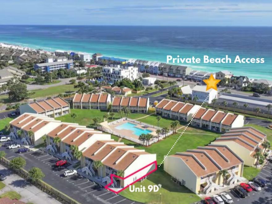 Vacation Rental ready - ground floor, end-unit in the gated Seacove community of Miramar Beach. Over 25k in the books already this cozy Ground-floor-Corner unit offers effortless beach living just steps from the community pool and a 0.2 miles to the Deeded beach access across Scenic Gulf Drive. Thoughtfully designed with cozy coastal furnishings and charming beach décor, this turnkey unit feels bright, inviting, and rental-ready. The ground-floor location provides ultimate convenience-no stairs, no elevators-just park and walk straight into your beach escape.Seacove is known for its lush landscaped grounds, resort-style pool, BBQ areas, and unbeatable location near top-rated dining, shopping, golf, and entertainment. Whether you're looking for a personal getaway, a short-term rental i Whether you're looking for a personal getaway, a short-term rental investment, or both, this condo checks every box.
Grab your flip-flops -- your place at the beach is waiting.

HOA Fees include Basic Cable & Internet service. The unit is currently on the Airbnb & Vrbo rental program. Indoor HVAC unit is 2010, Outdoor HVAC is 2021, Water Heater 2018 and Washer and Dryer 2025. Rental Ready - Call to Schedule Your Private Tour Today! Buyer, Buyer's agent to confirm all details.