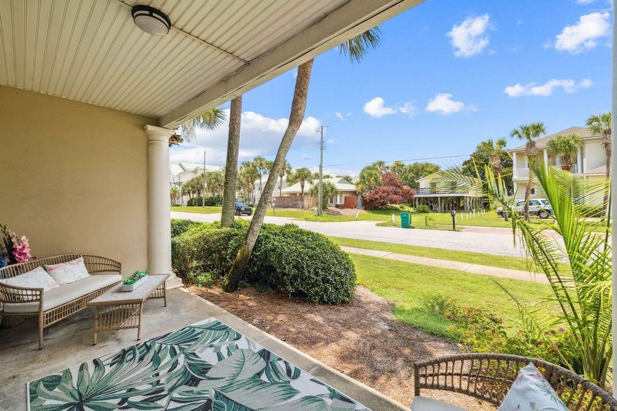 Step into laid-back coastal living at this ground-floor Caribbean Dunes residence, where boho beach style meets everyday comfort. Just a short stroll from the white sands of Crystal Beach, this one-bedroom, one-bath condo makes an ideal primary home, vacation retreat, or rental investment. Inside, the stylishly updated interior showcases a remodeled kitchen and bathroom, new flooring, and stainless steel appliances. The open living and dining area flows seamlessly to a large patio framed by lush landscaping, creating an inviting extension of your living space. Designed to sleep six, the condo includes cozy hallway bunks and a living room sleeper sofa, ensuring plenty of room for family and guests. Caribbean Dunes offers an array of amenities, including a sparkling pool and hot tub, walking and bike paths, and deeded beach access directly across the street. With favorite local restaurants like Camille's and charming shops within walking distance, this property places you in the heart of the Crystal Beach lifestyle.